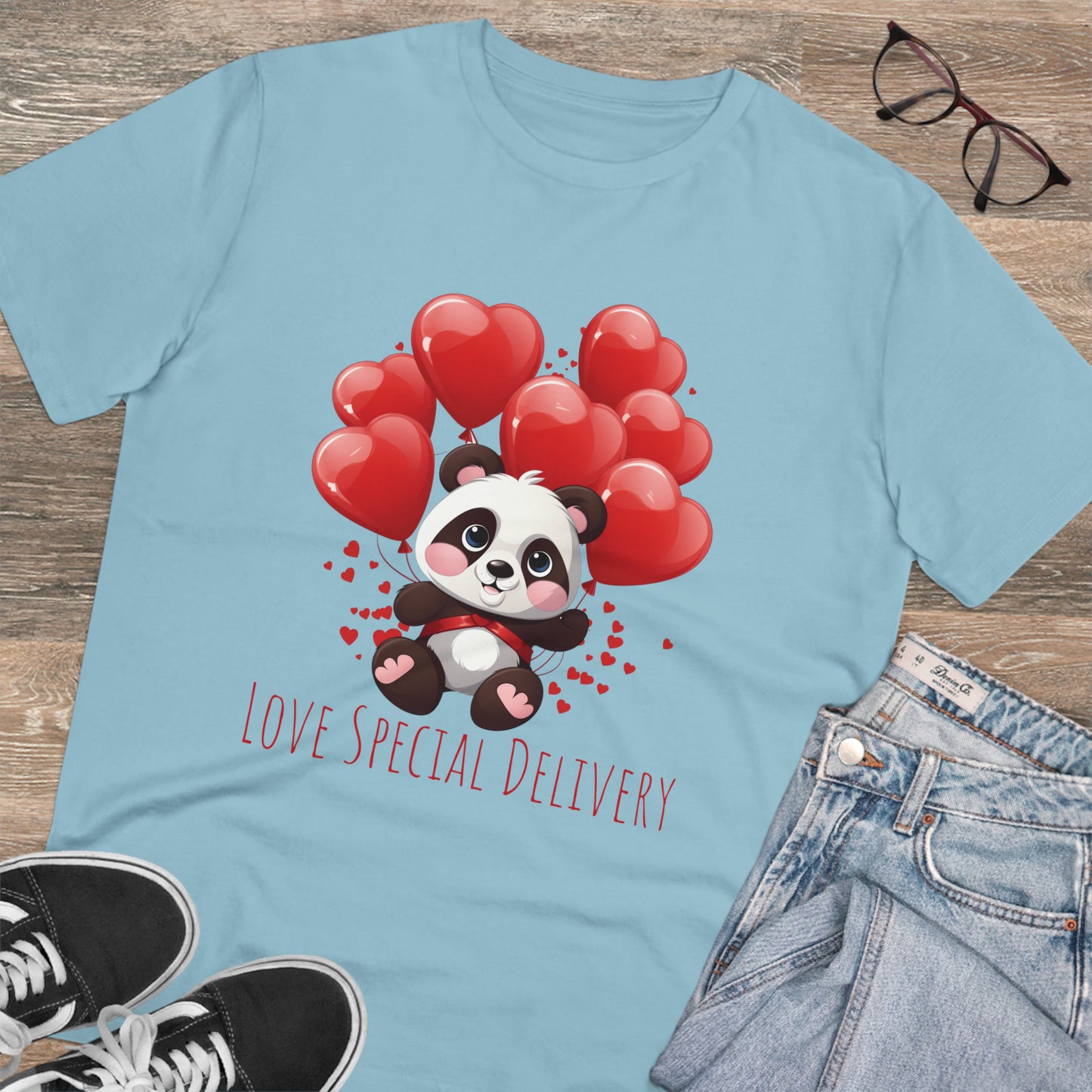 Panda Love Delivery Tee - Eco-Friendly Heart Balloon Shirt - Valentine's Day Special