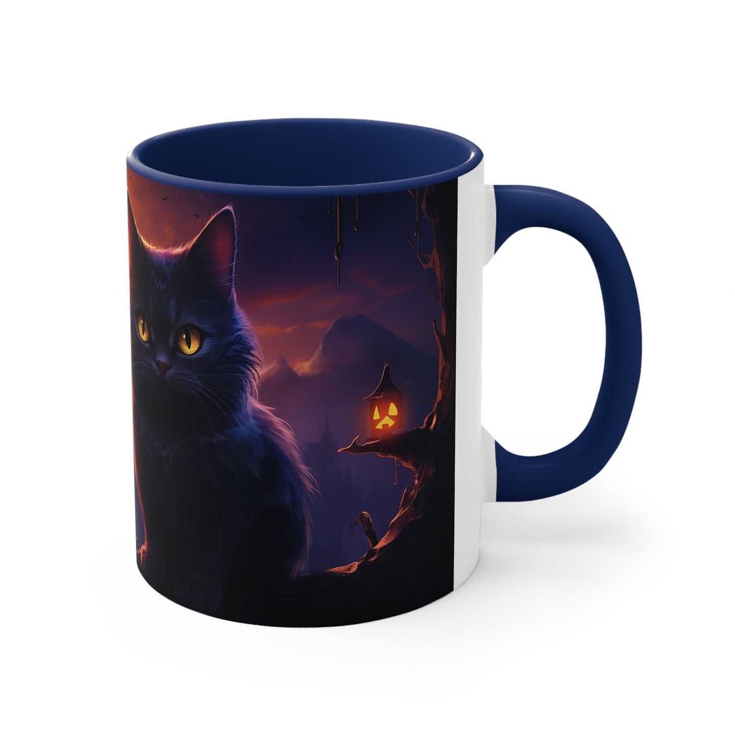 11 oz Bicolor Mug: Haunting Cat & Moon - Halloween Special