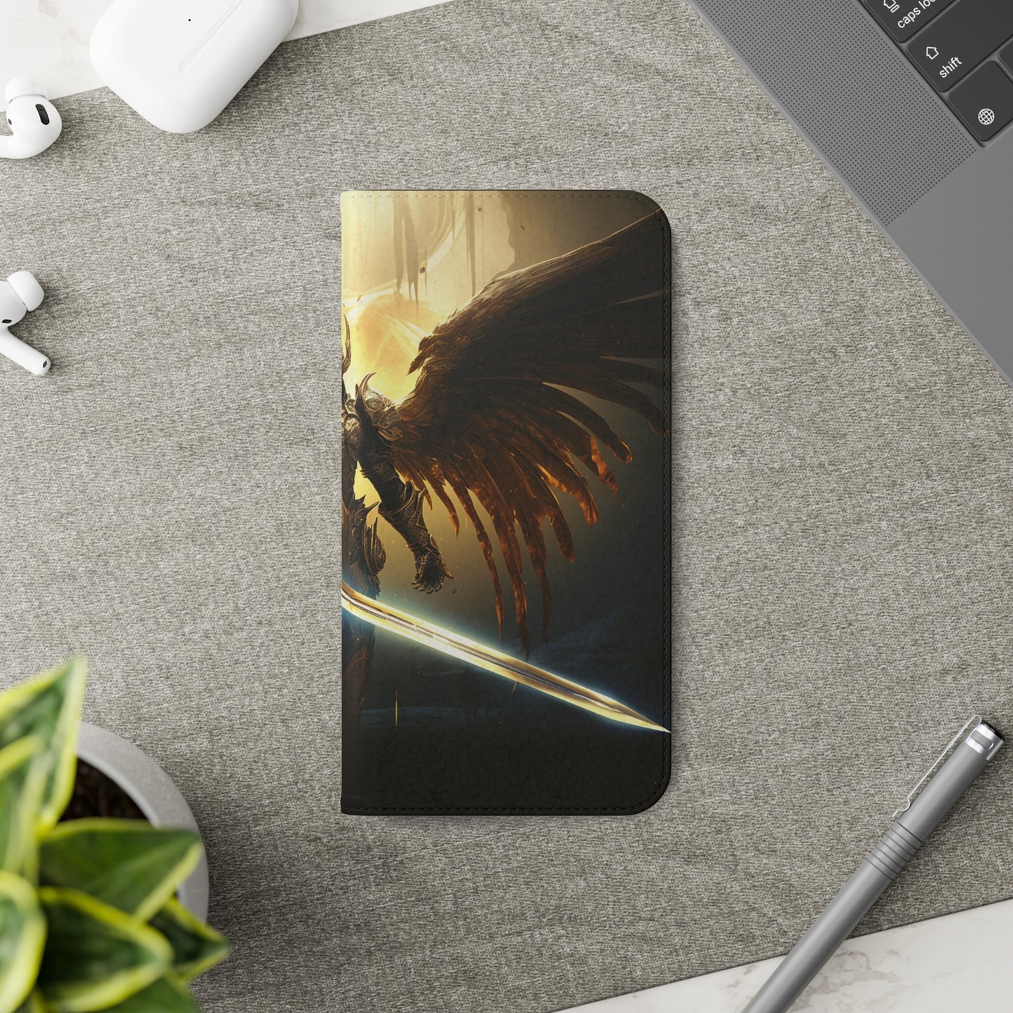 Dark Angel Flip Phone Case: Guardian with Sword