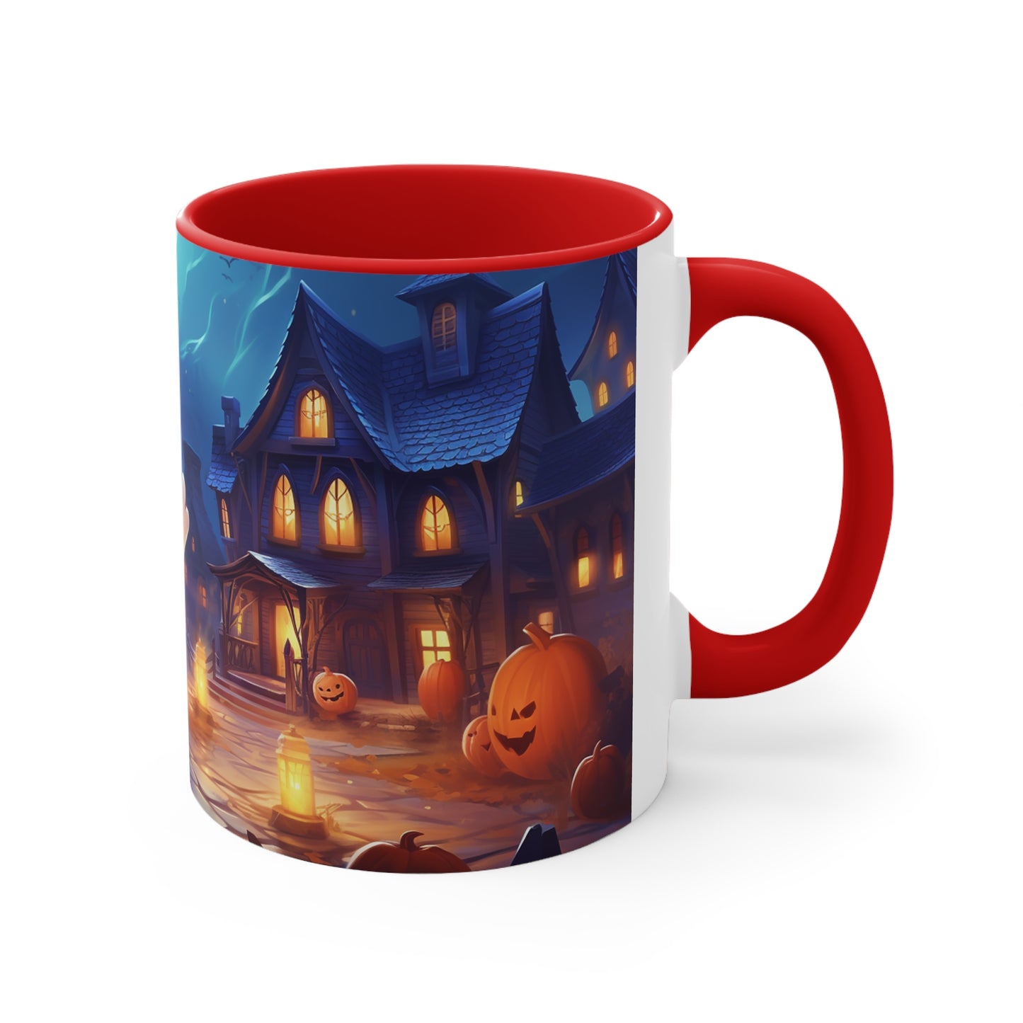 11 oz Bicolor Mug: Adorable Ghost Amidst Spooky Village - Halloween Delight