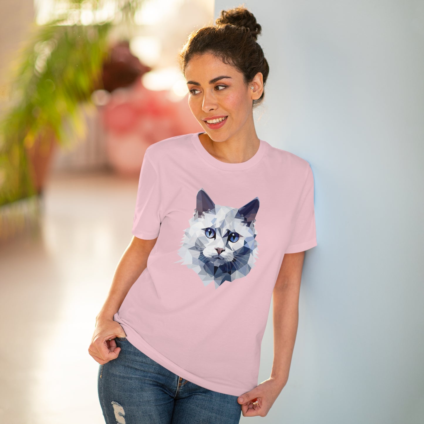 White Angora Cat Polygonal T-Shirt - Embrace Feline Elegance