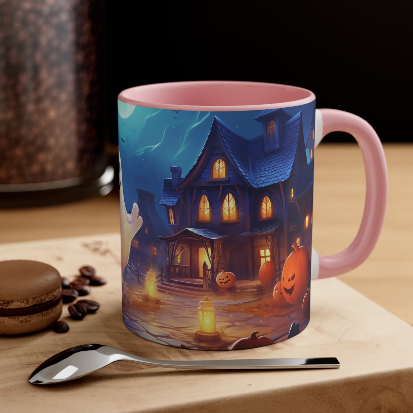 11 oz Bicolor Mug: Adorable Ghost Amidst Spooky Village - Halloween Delight