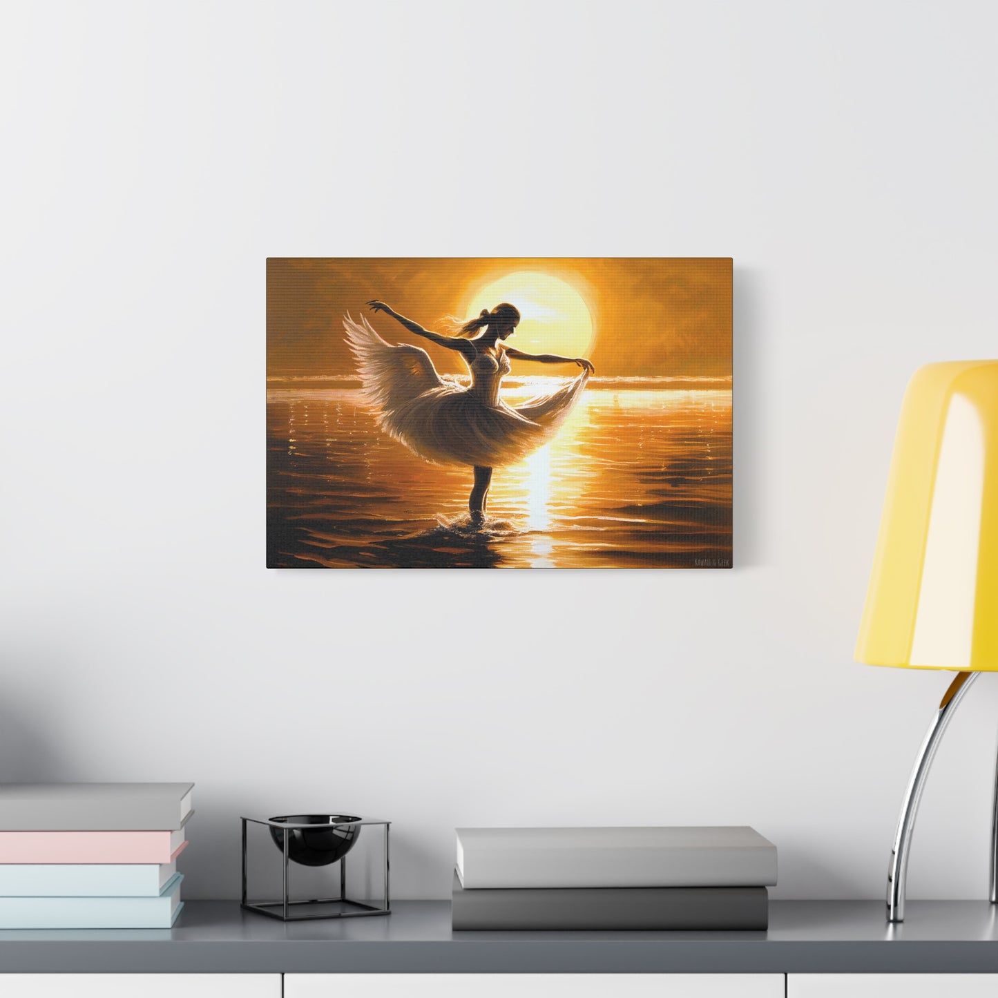 Graceful Dancer Canva - Captivating Swan Feather Dress, Elegant Water Dance at Sunset