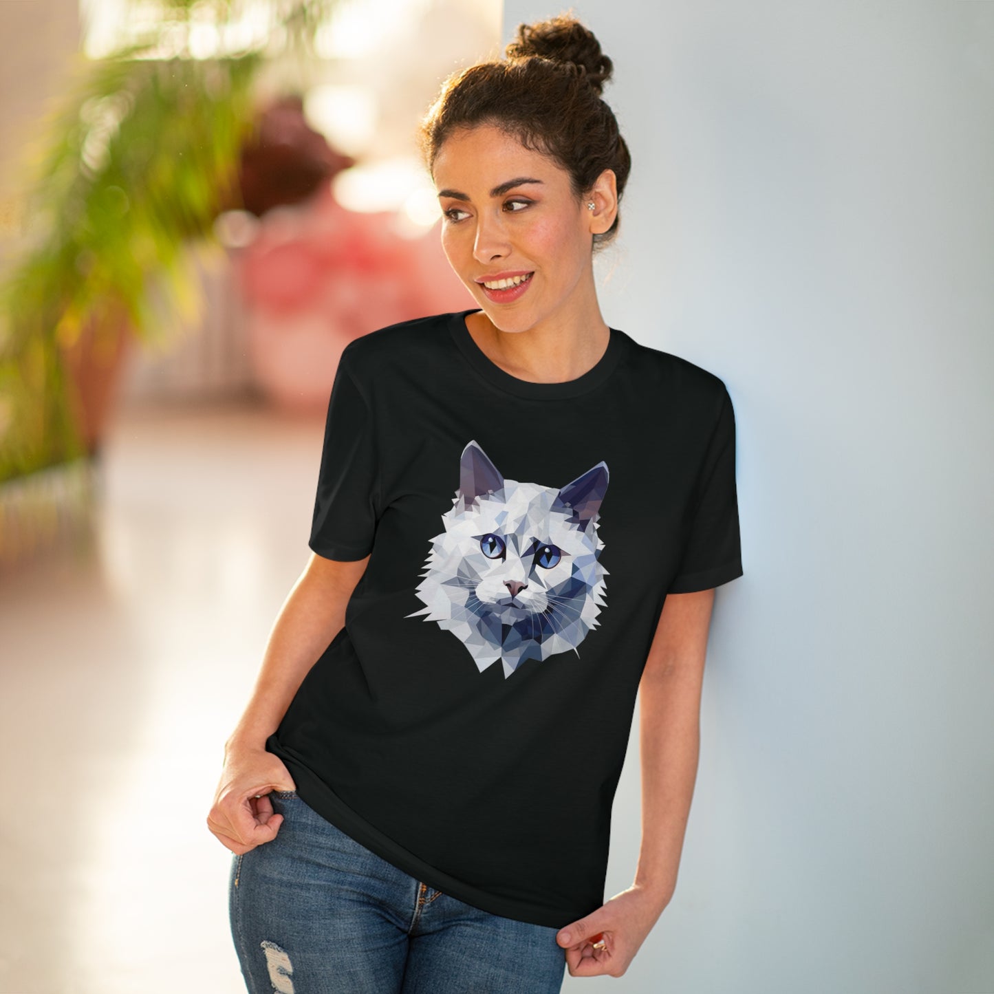 White Angora Cat Polygonal T-Shirt - Embrace Feline Elegance