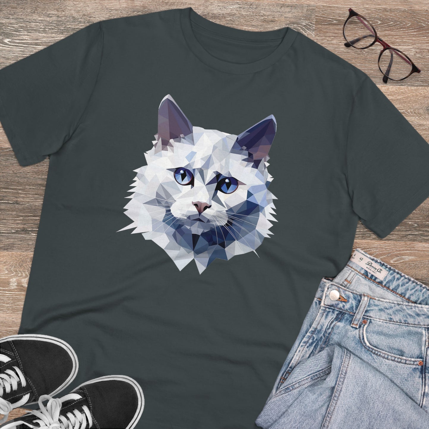 White Angora Cat Polygonal T-Shirt - Embrace Feline Elegance