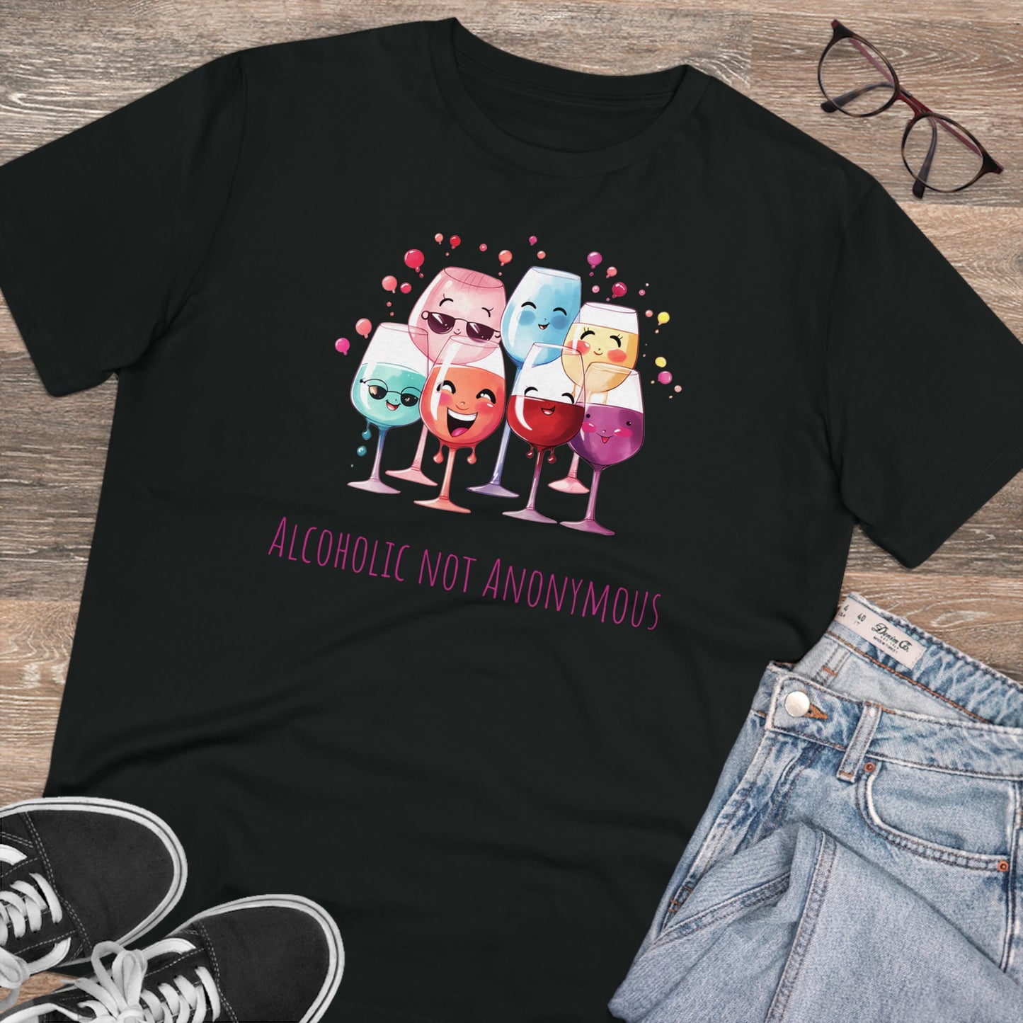 Eco-Friendly 'Alcoholic Not Anonymous' T-Shirt - Kawaii Wine Party Design, Unisex