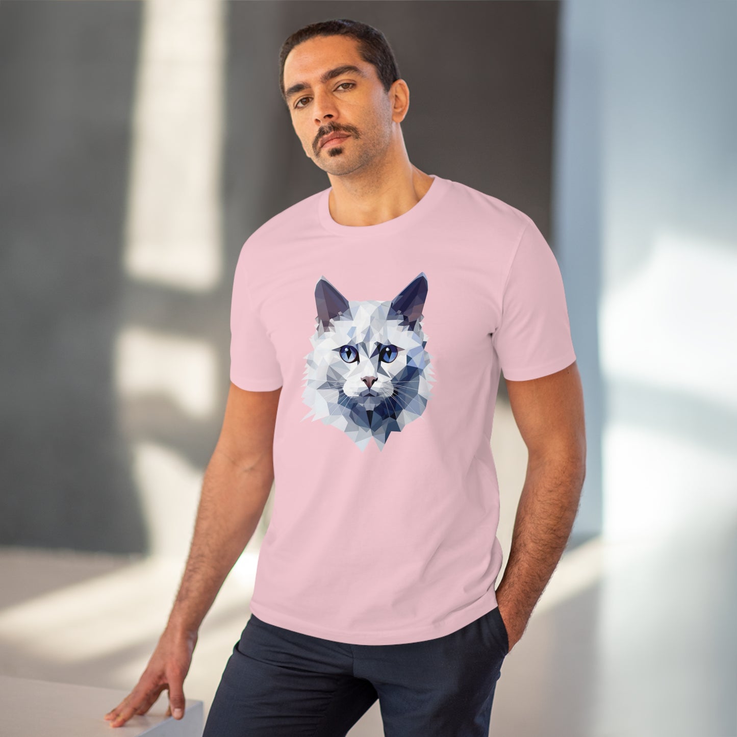 White Angora Cat Polygonal T-Shirt - Embrace Feline Elegance