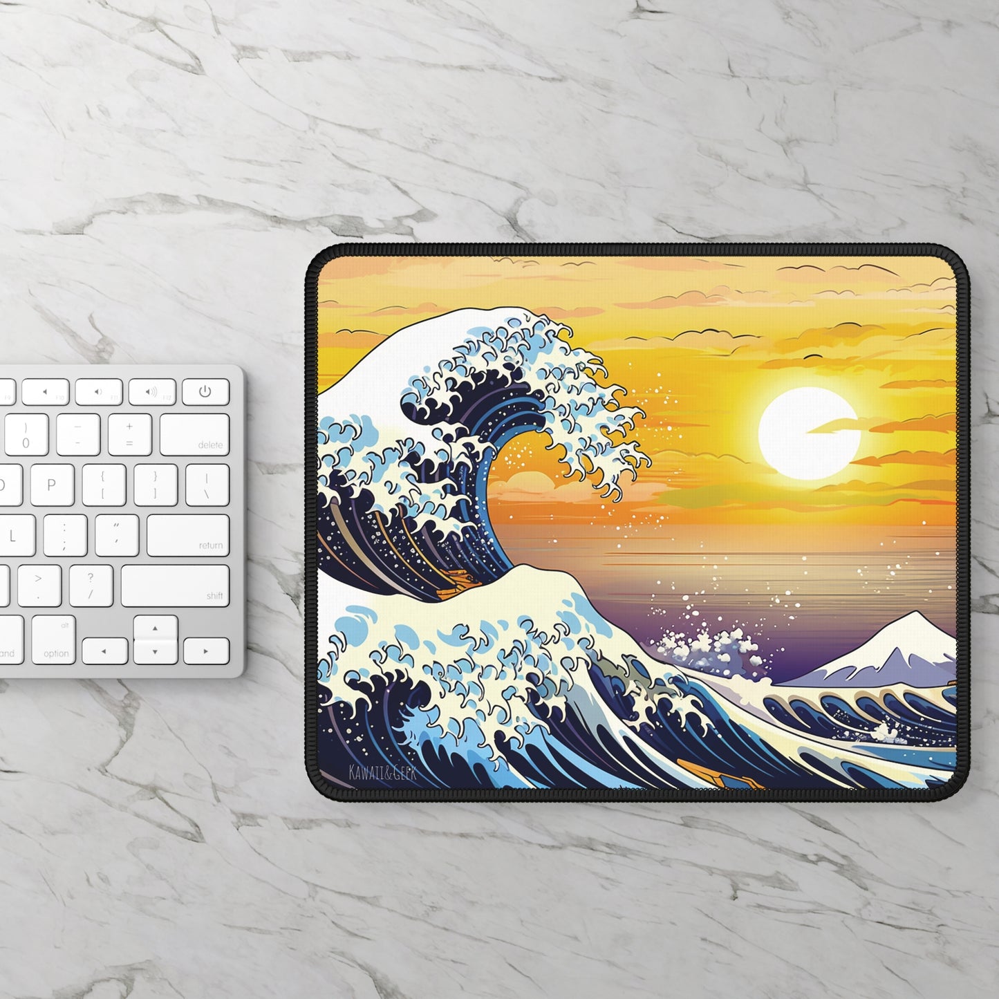 Hokusai-Inspired Big Wave Mouse Pad with Stunning Sunset