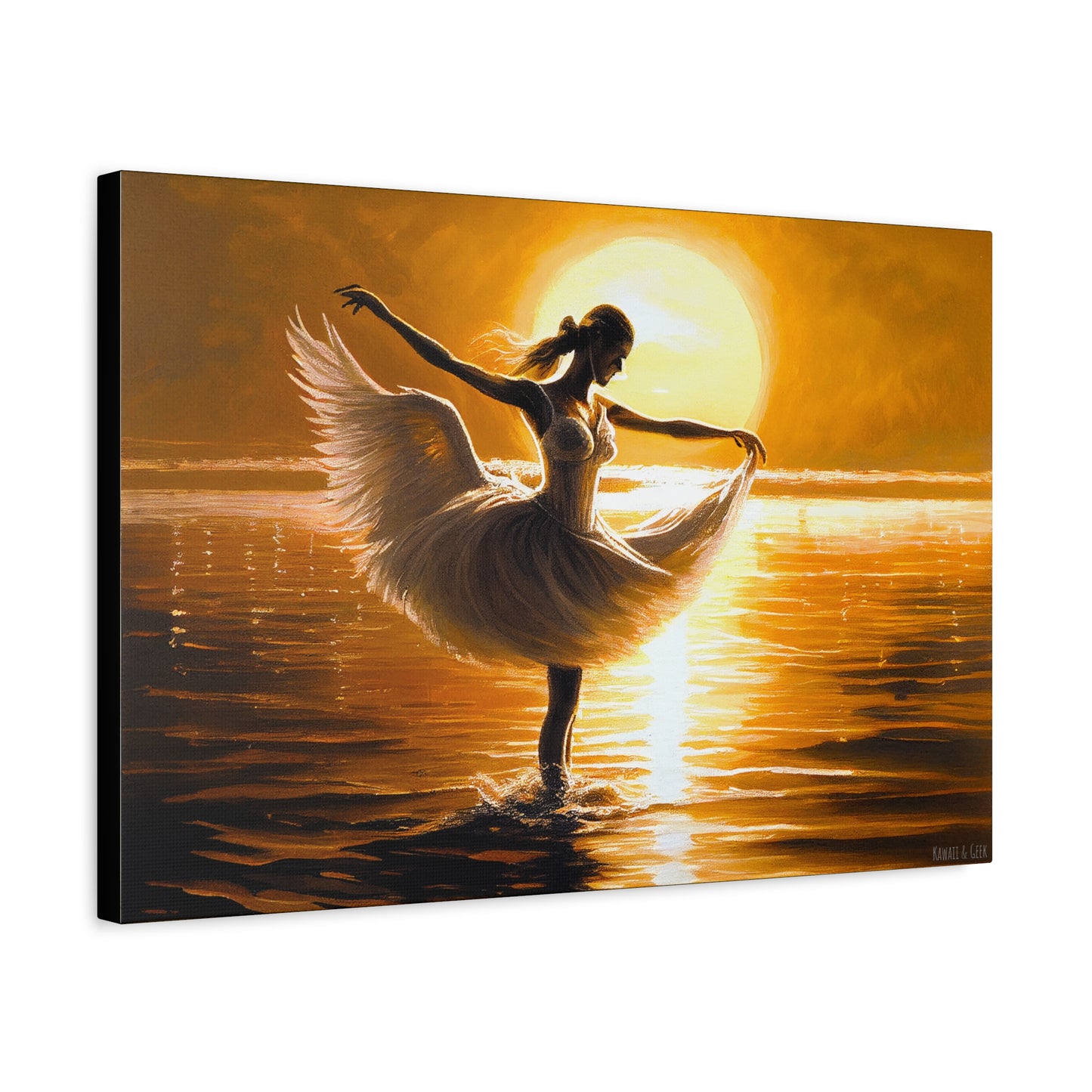 Graceful Dancer Canva - Captivating Swan Feather Dress, Elegant Water Dance at Sunset