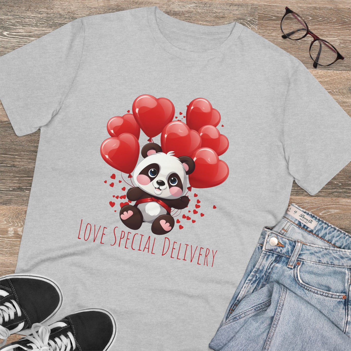 Panda Love Delivery Tee - Eco-Friendly Heart Balloon Shirt - Valentine's Day Special