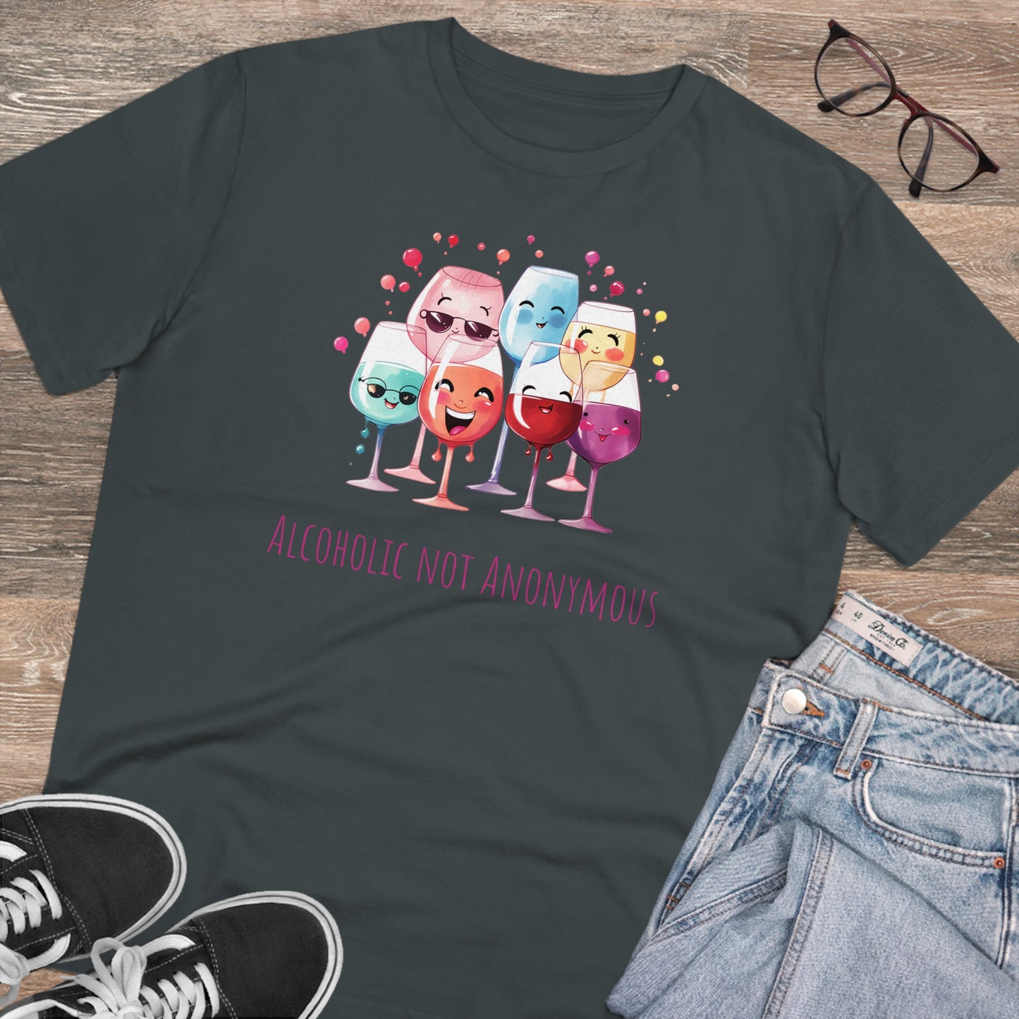 Eco-Friendly 'Alcoholic Not Anonymous' T-Shirt - Kawaii Wine Party Design, Unisex