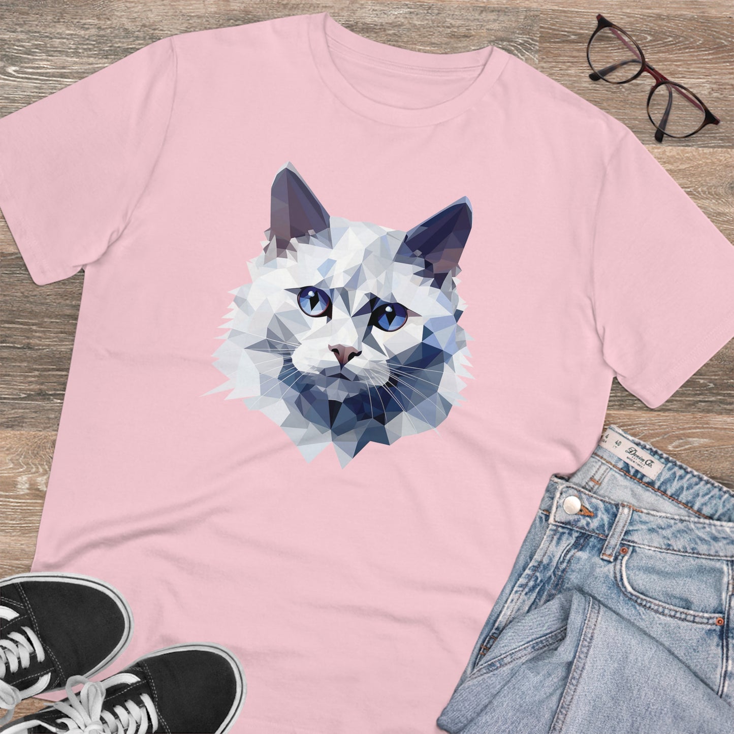 White Angora Cat Polygonal T-Shirt - Embrace Feline Elegance
