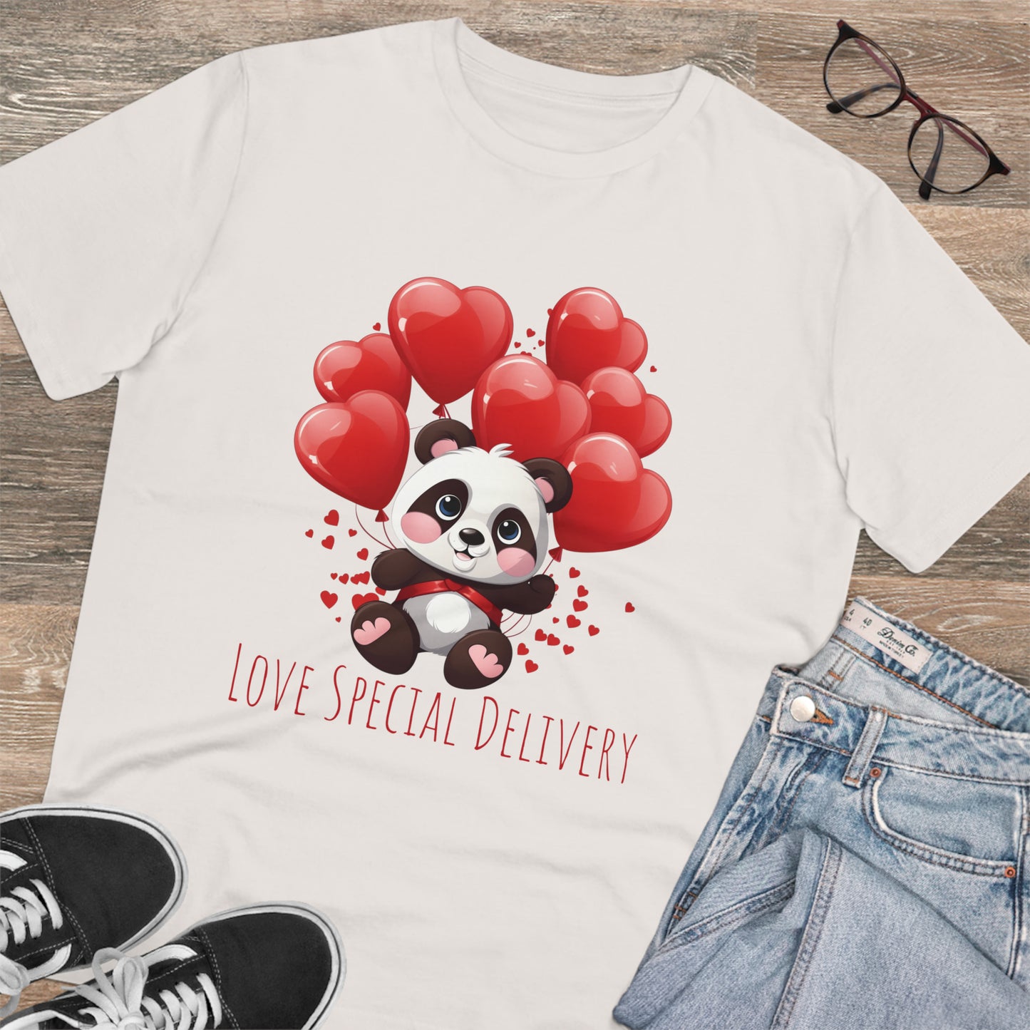 Panda Love Delivery Tee - Eco-Friendly Heart Balloon Shirt - Valentine's Day Special