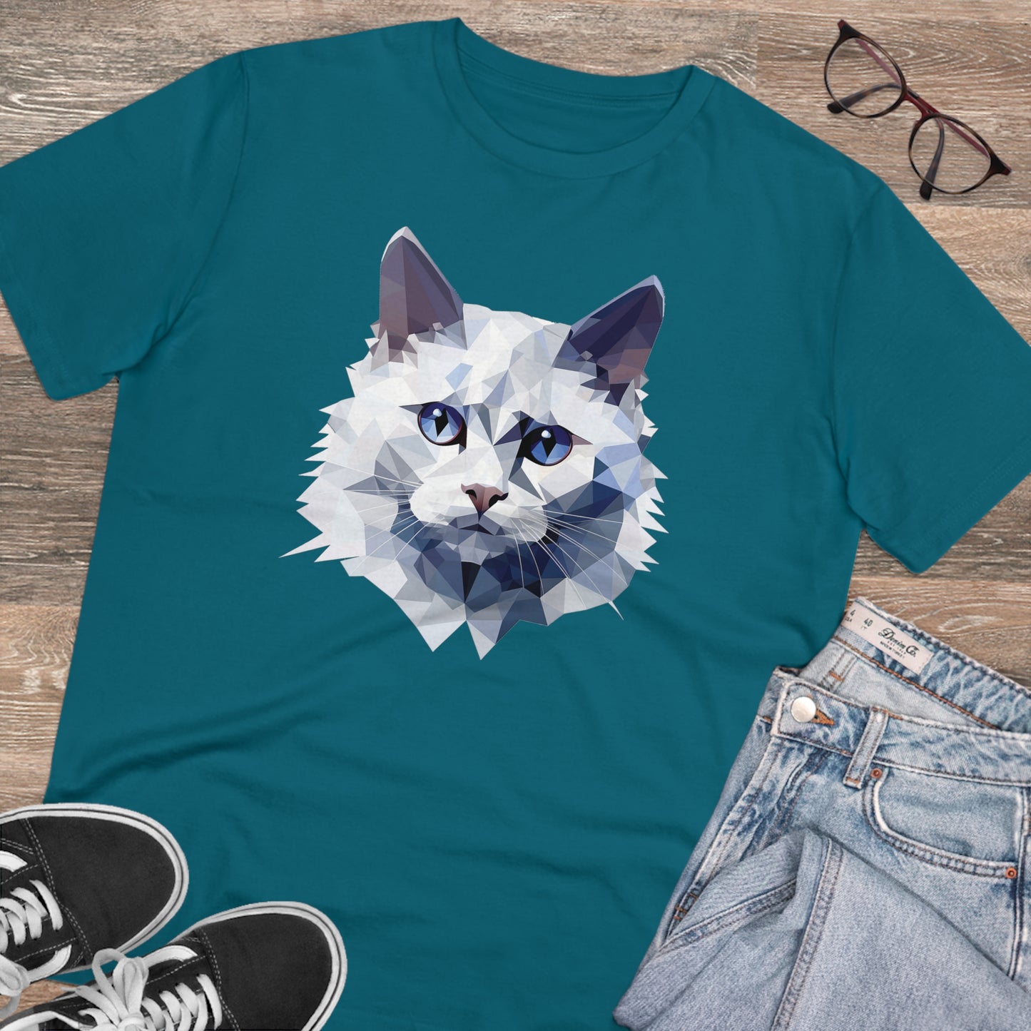 White Angora Cat Polygonal T-Shirt - Embrace Feline Elegance