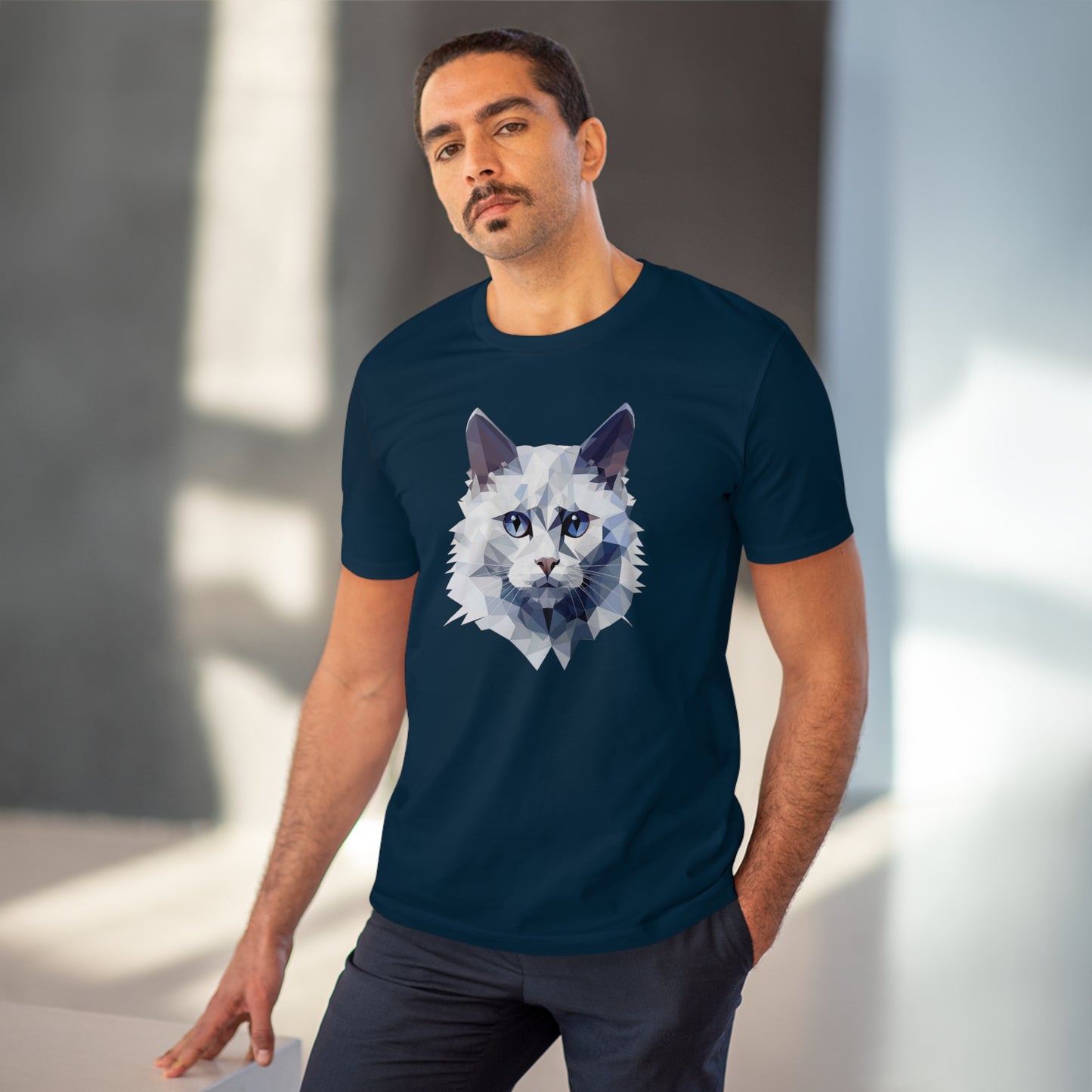 White Angora Cat Polygonal T-Shirt - Embrace Feline Elegance