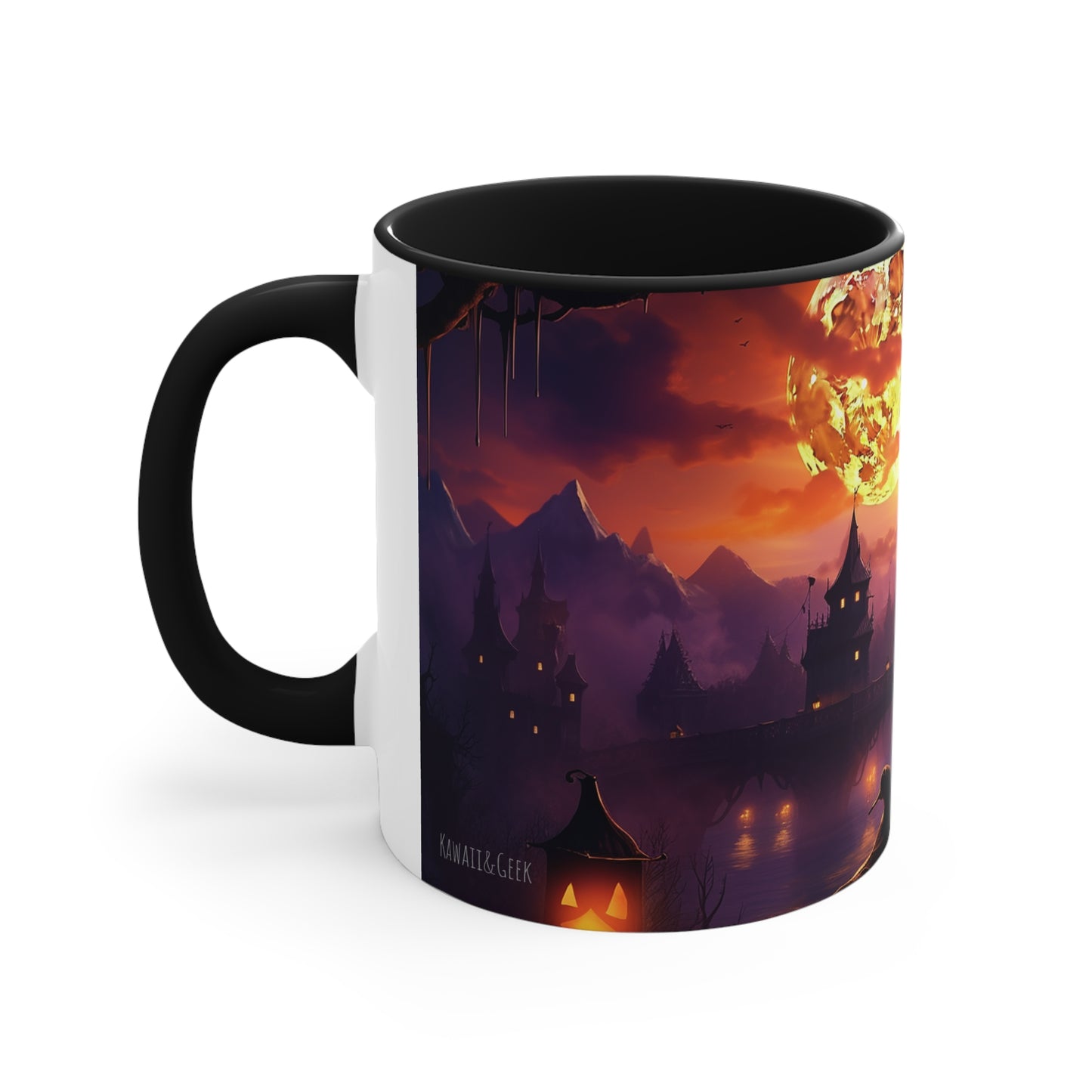 11 oz Bicolor Mug: Haunting Cat & Moon - Halloween Special