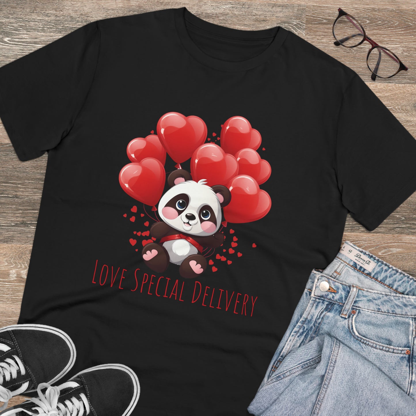 Panda Love Delivery Tee - Eco-Friendly Heart Balloon Shirt - Valentine's Day Special