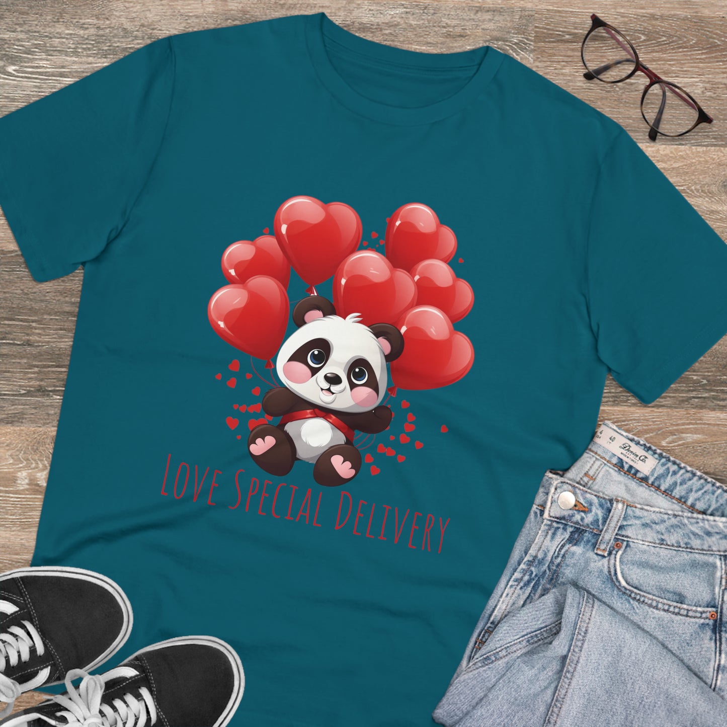 Panda Love Delivery Tee - Eco-Friendly Heart Balloon Shirt - Valentine's Day Special