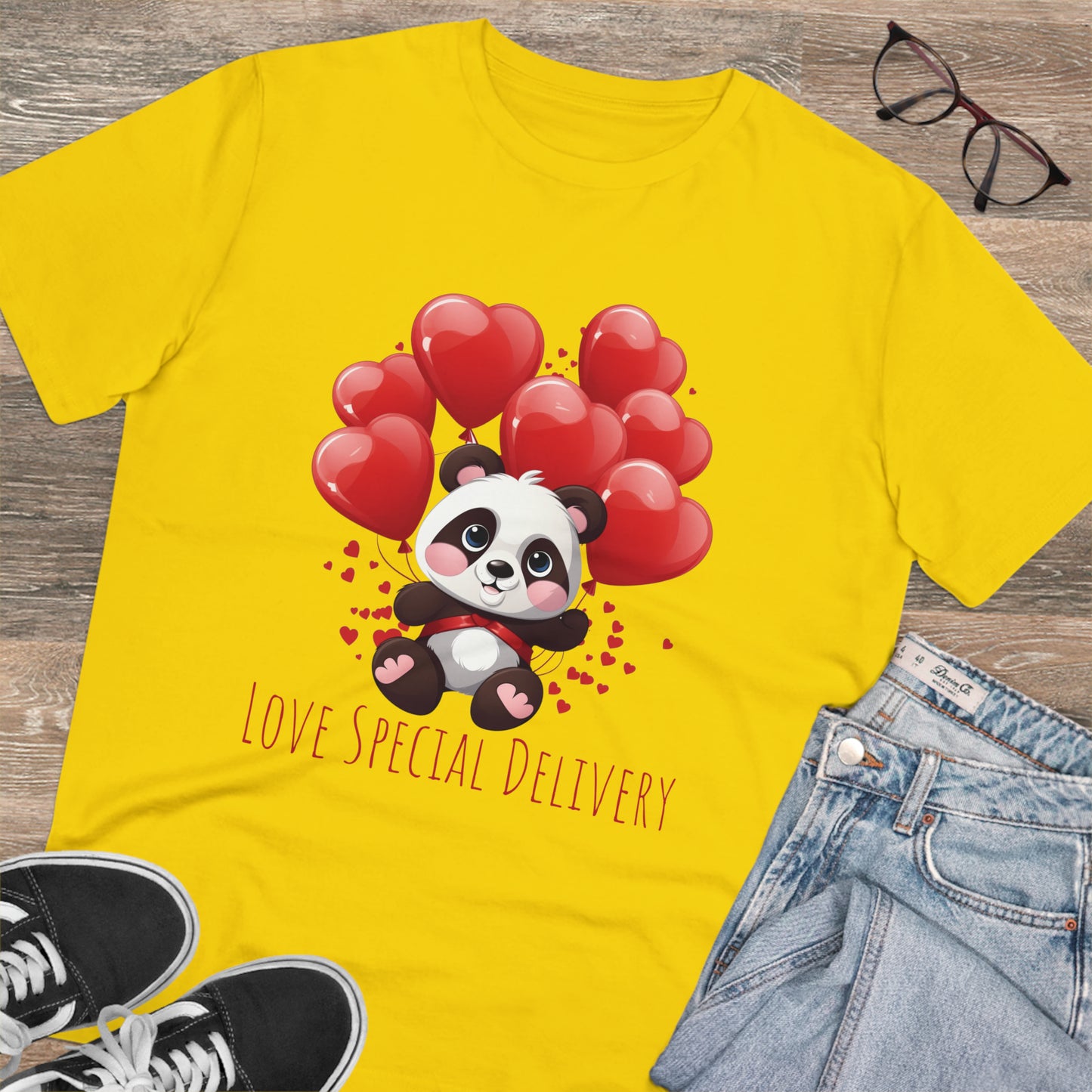 Panda Love Delivery Tee - Eco-Friendly Heart Balloon Shirt - Valentine's Day Special