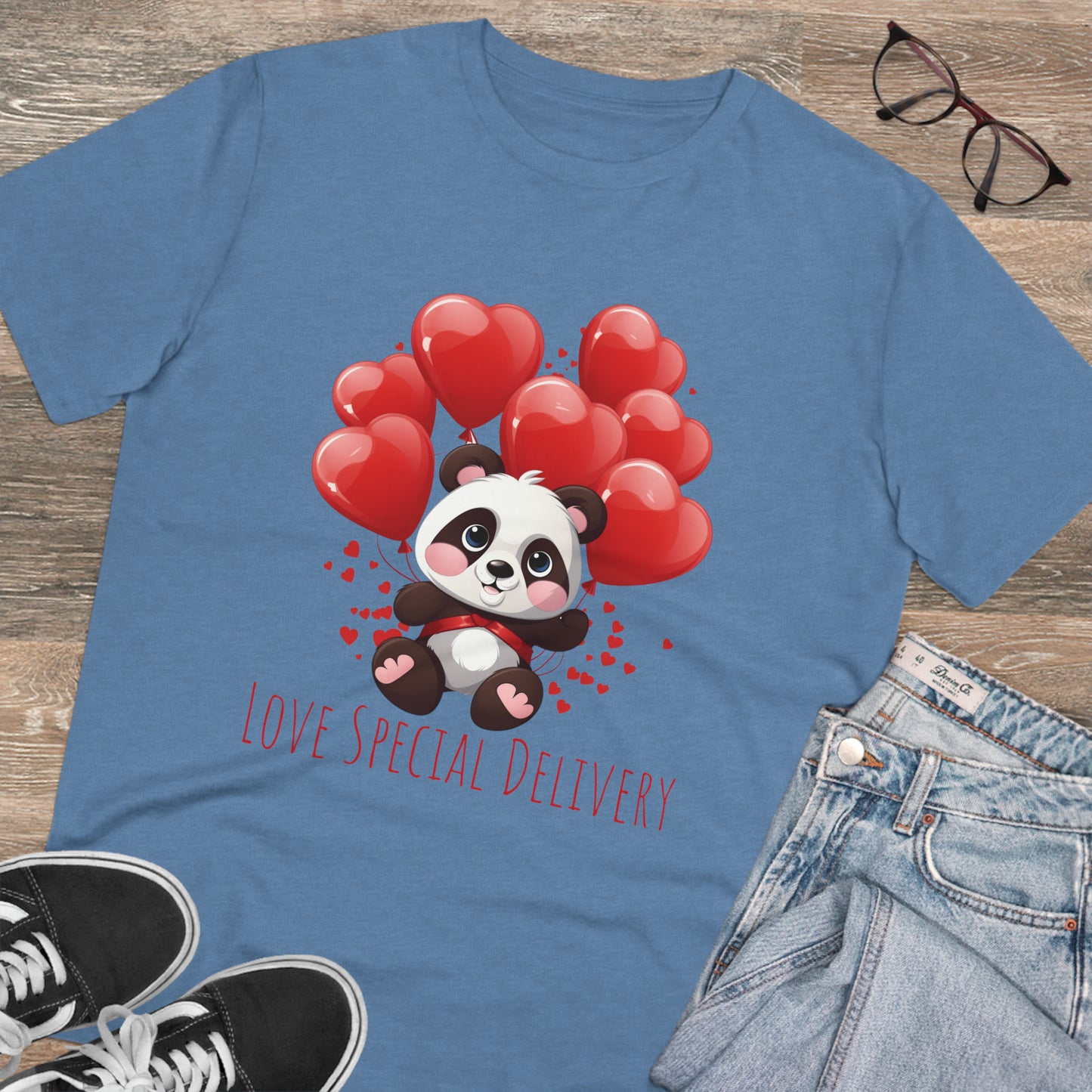 Panda Love Delivery Tee - Eco-Friendly Heart Balloon Shirt - Valentine's Day Special
