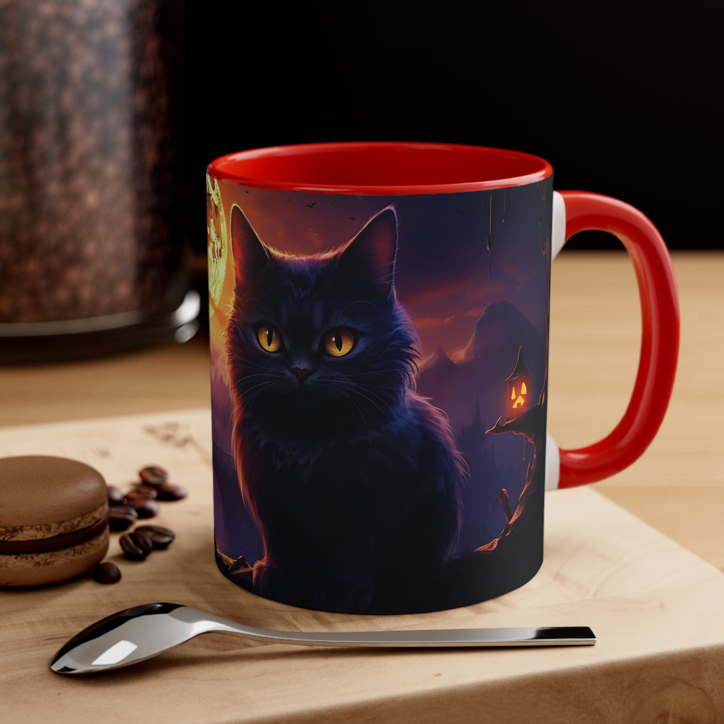 11 oz Bicolor Mug: Haunting Cat & Moon - Halloween Special