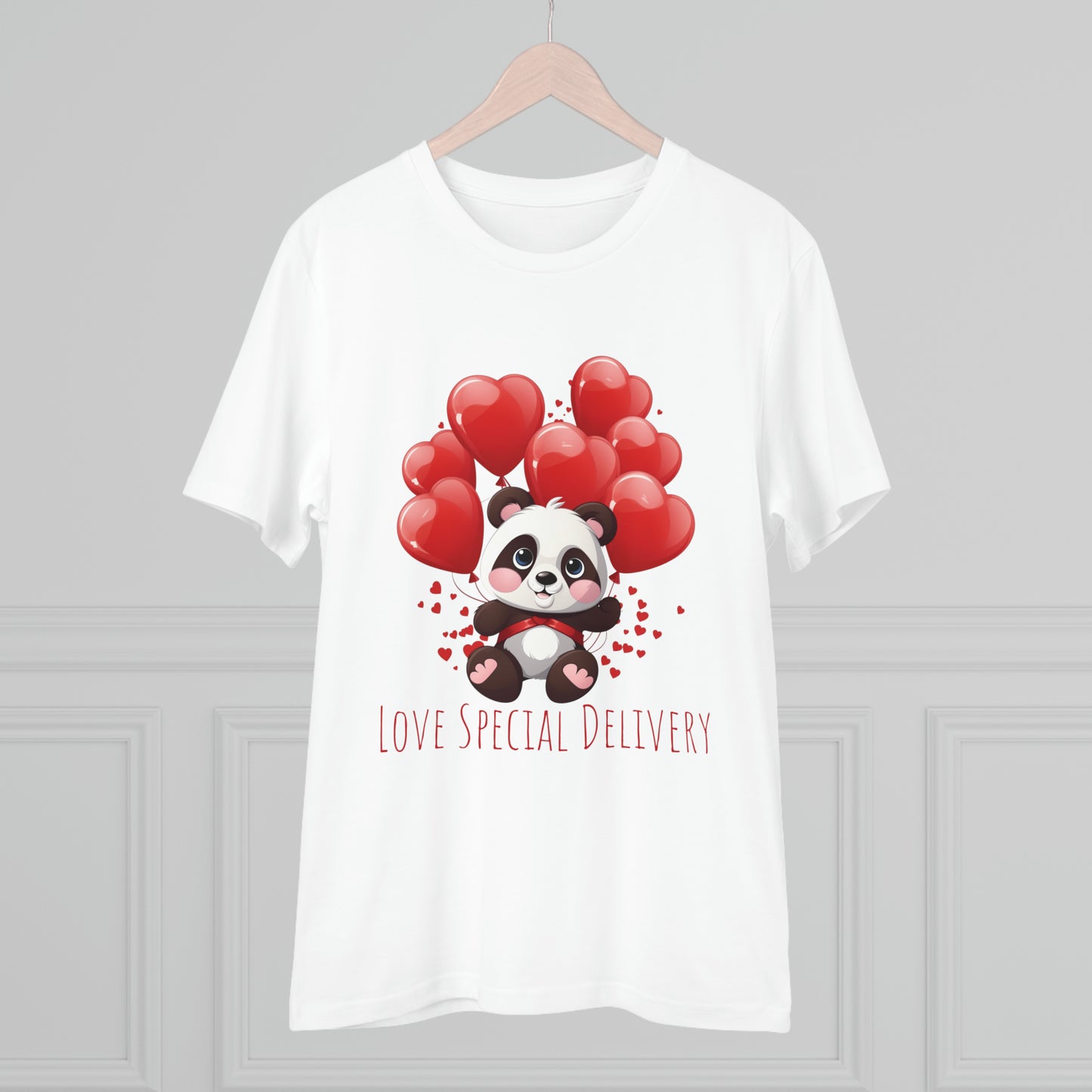 Panda Love Delivery Tee - Eco-Friendly Heart Balloon Shirt - Valentine's Day Special