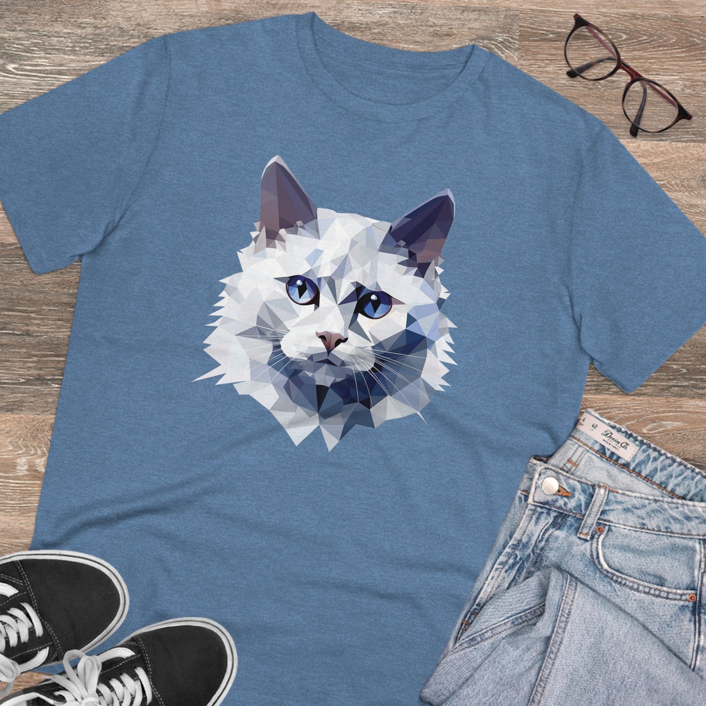 White Angora Cat Polygonal T-Shirt - Embrace Feline Elegance