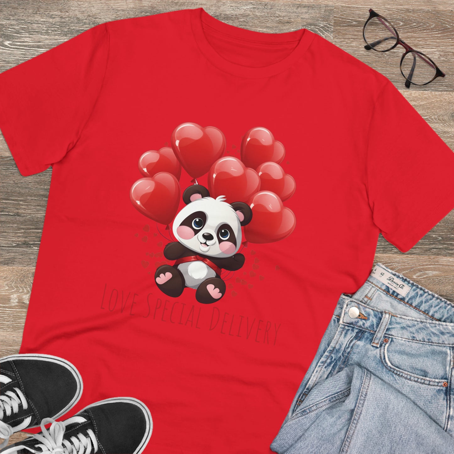 Panda Love Delivery Tee - Eco-Friendly Heart Balloon Shirt - Valentine's Day Special