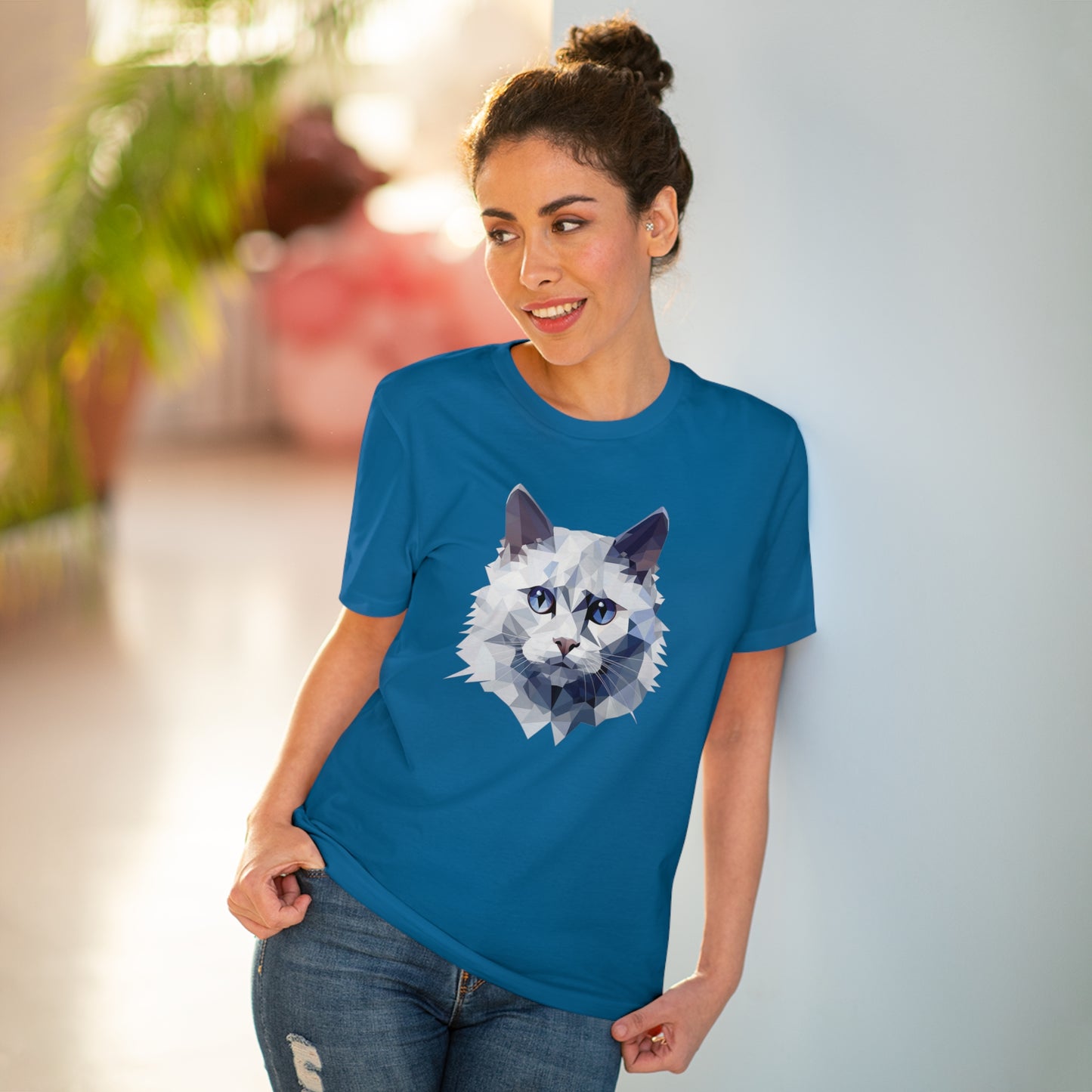White Angora Cat Polygonal T-Shirt - Embrace Feline Elegance