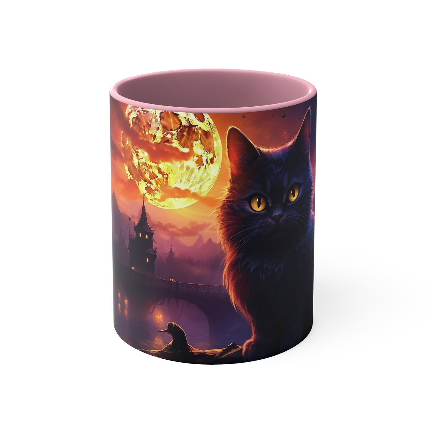 11 oz Bicolor Mug: Haunting Cat & Moon - Halloween Special
