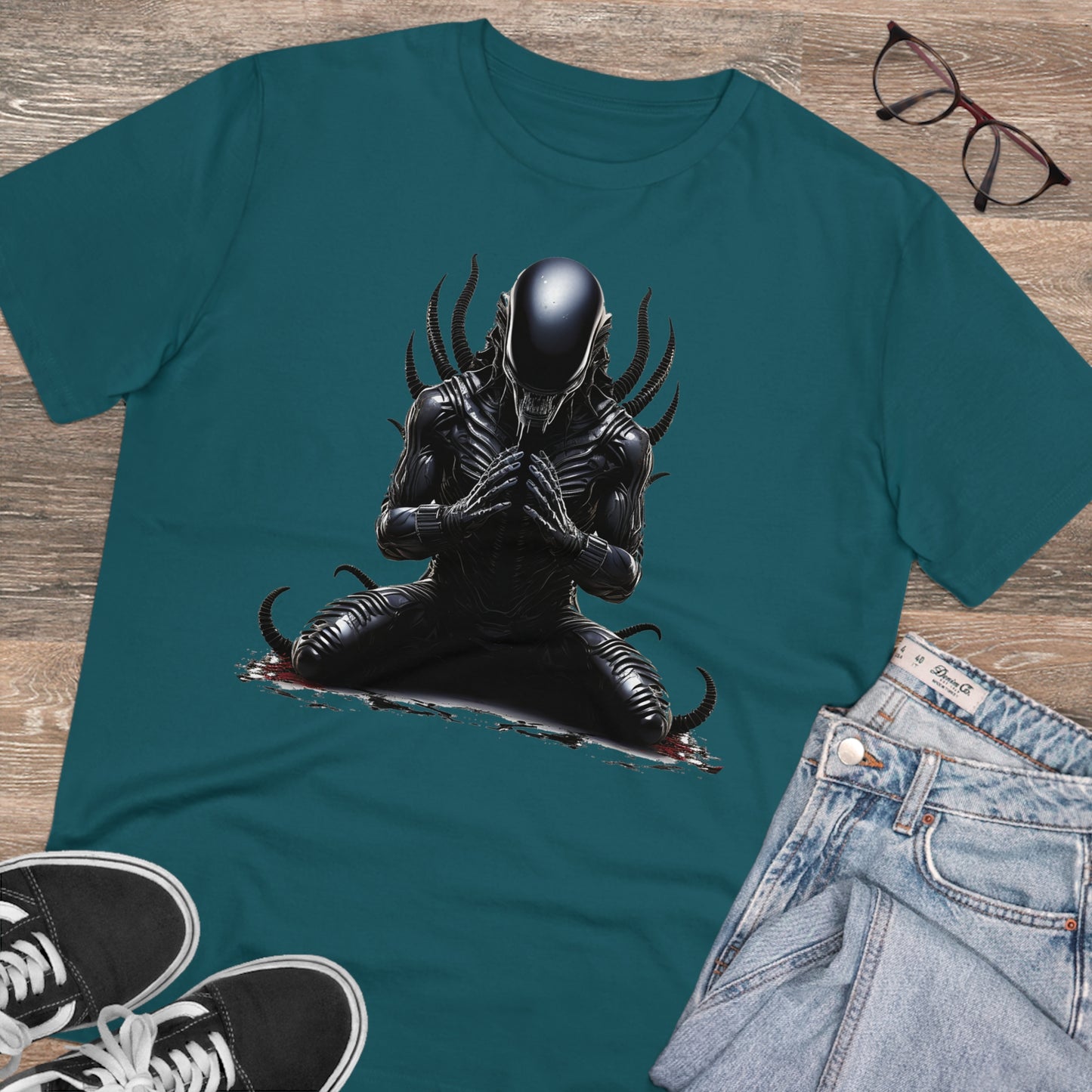Eco-Friendly Zen Alien Xenomorph T-shirt - Embrace Galactic Serenity