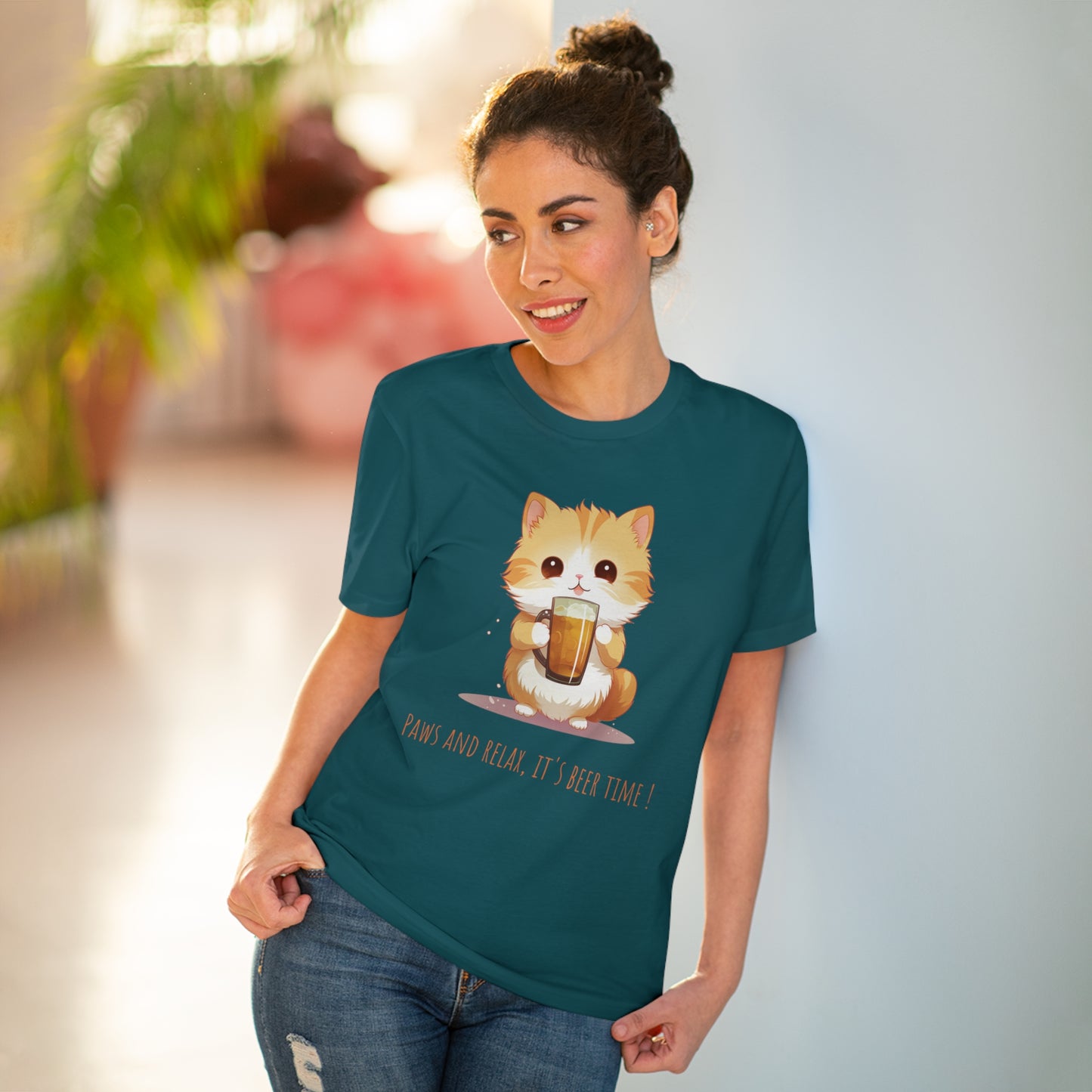 Cute Cat & Beer Design T-Shirt - Unisex and Eco-Friendly 'Paws and Relax, It's Beer Time'