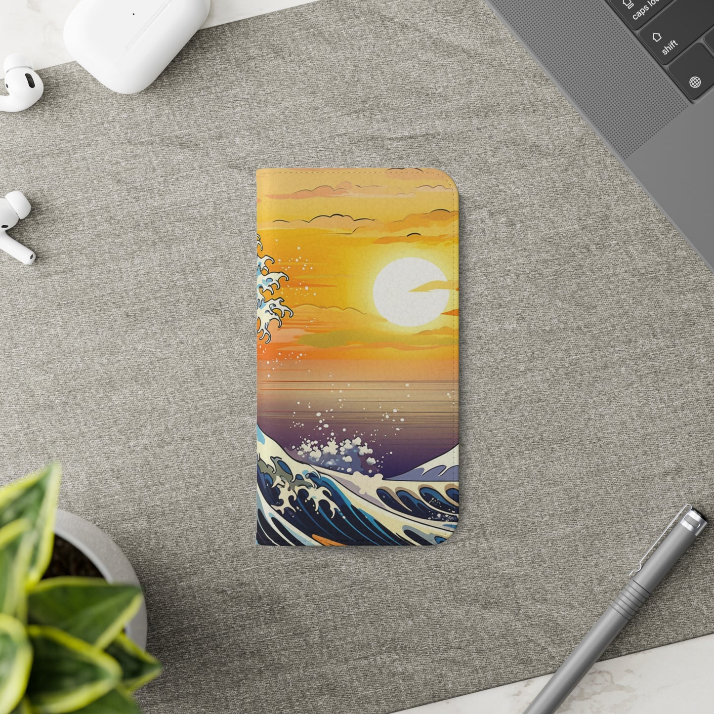 Sunset Big Wave Flip Phone Case - Embrace the Majestic Hokusai Style in Your Hands