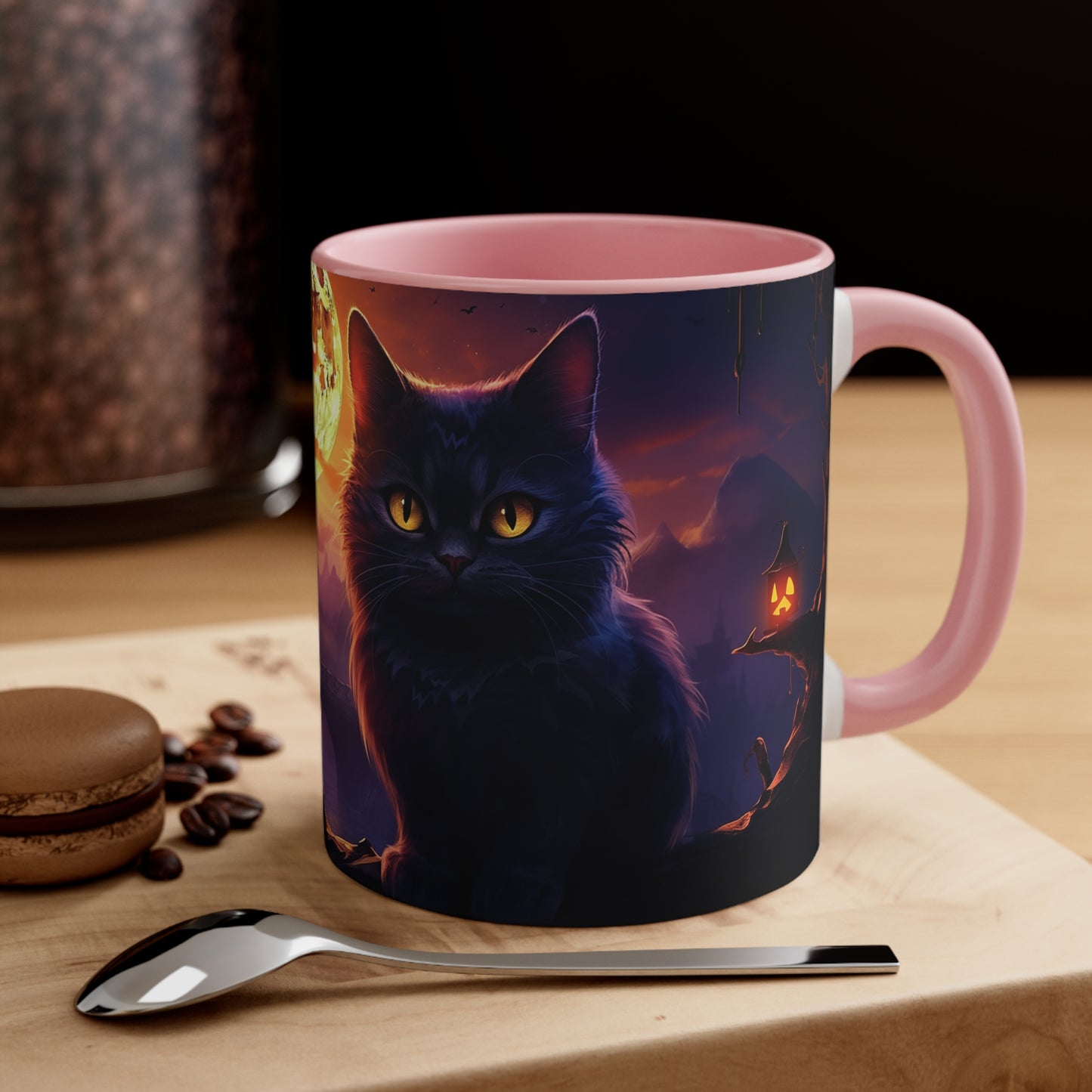 11 oz Bicolor Mug: Haunting Cat & Moon - Halloween Special
