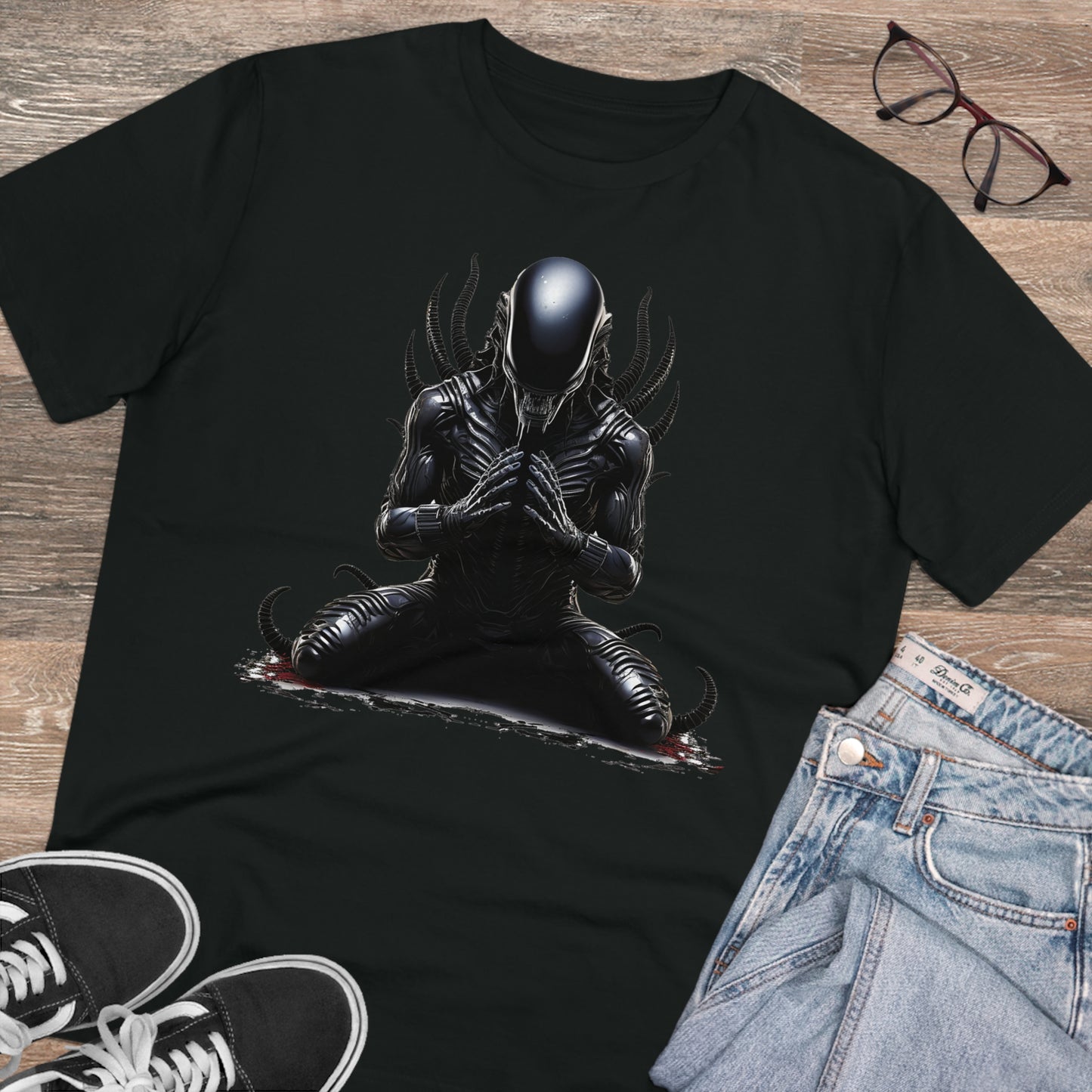 Eco-Friendly Zen Alien Xenomorph T-shirt - Embrace Galactic Serenity
