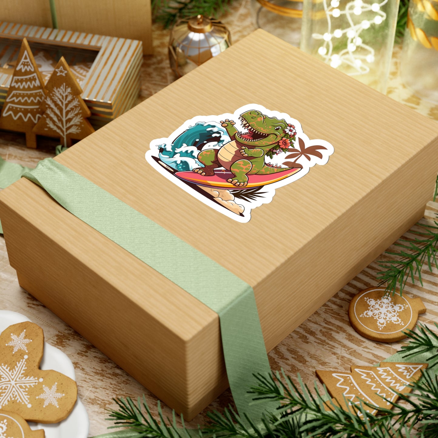 Kawaii Female T-Rex Surfing in Hawaii Sticker - Add Some Cute and Fun Style to Your Tech