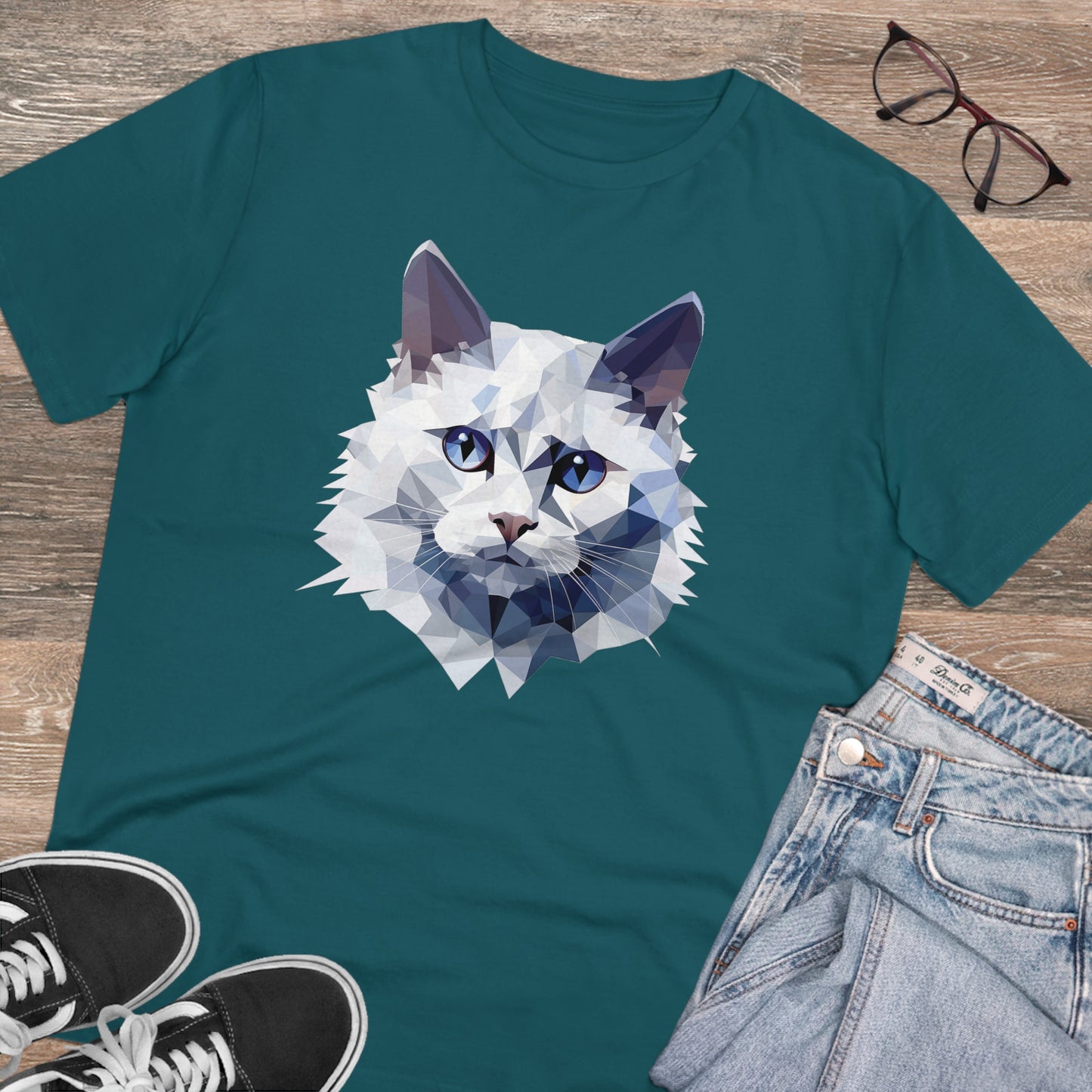 White Angora Cat Polygonal T-Shirt - Embrace Feline Elegance