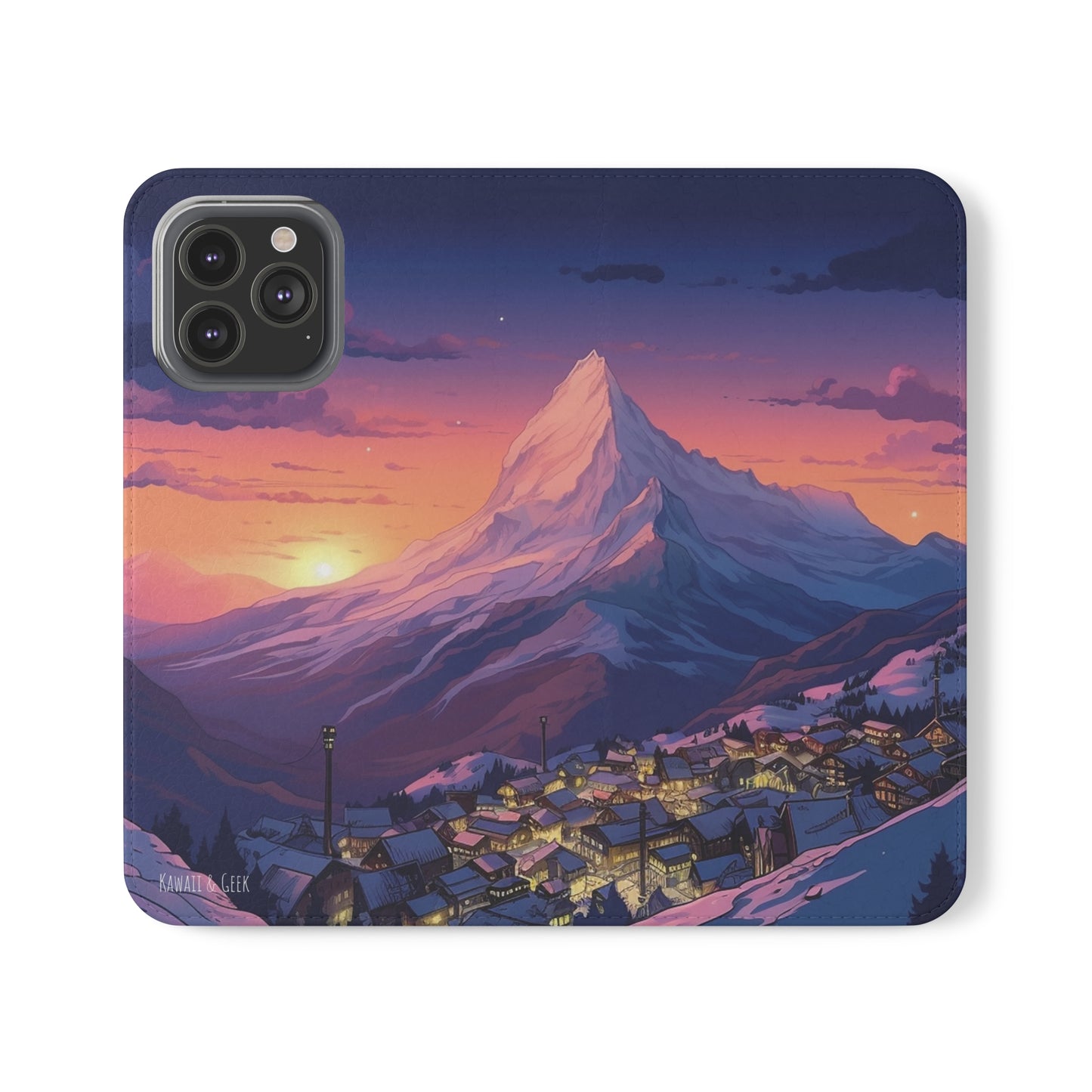 Snowy Mountain Landscape Sunset Flip Phone Case - Discover Serenity with a Charming Mountain Village