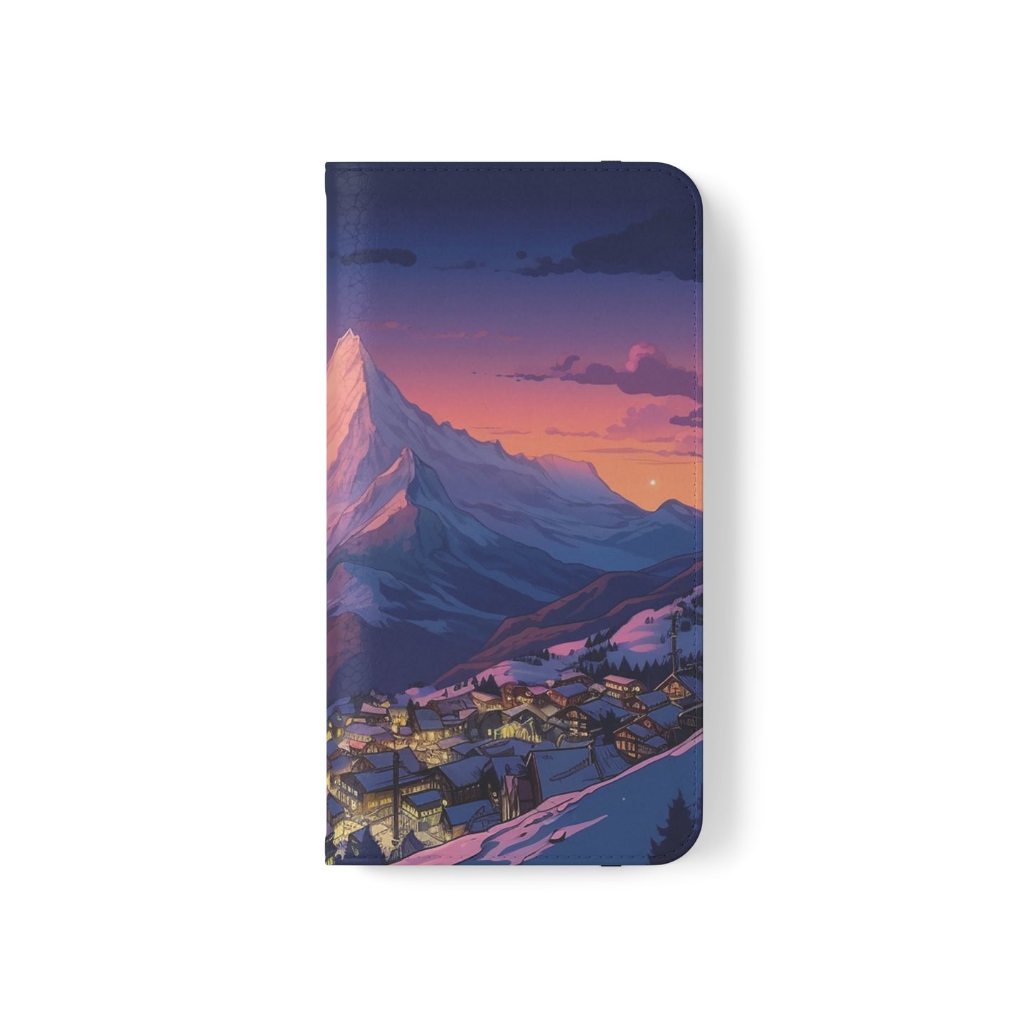 Snowy Mountain Landscape Sunset Flip Phone Case - Discover Serenity with a Charming Mountain Village