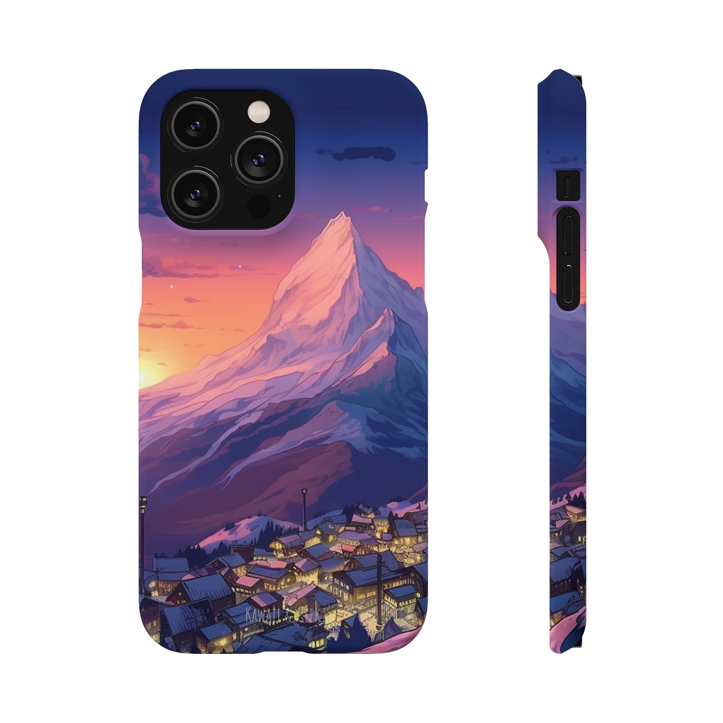 Snowy Mountain Landscape Sunset Phone Case - Discover Serenity with a Charming Mountain Village