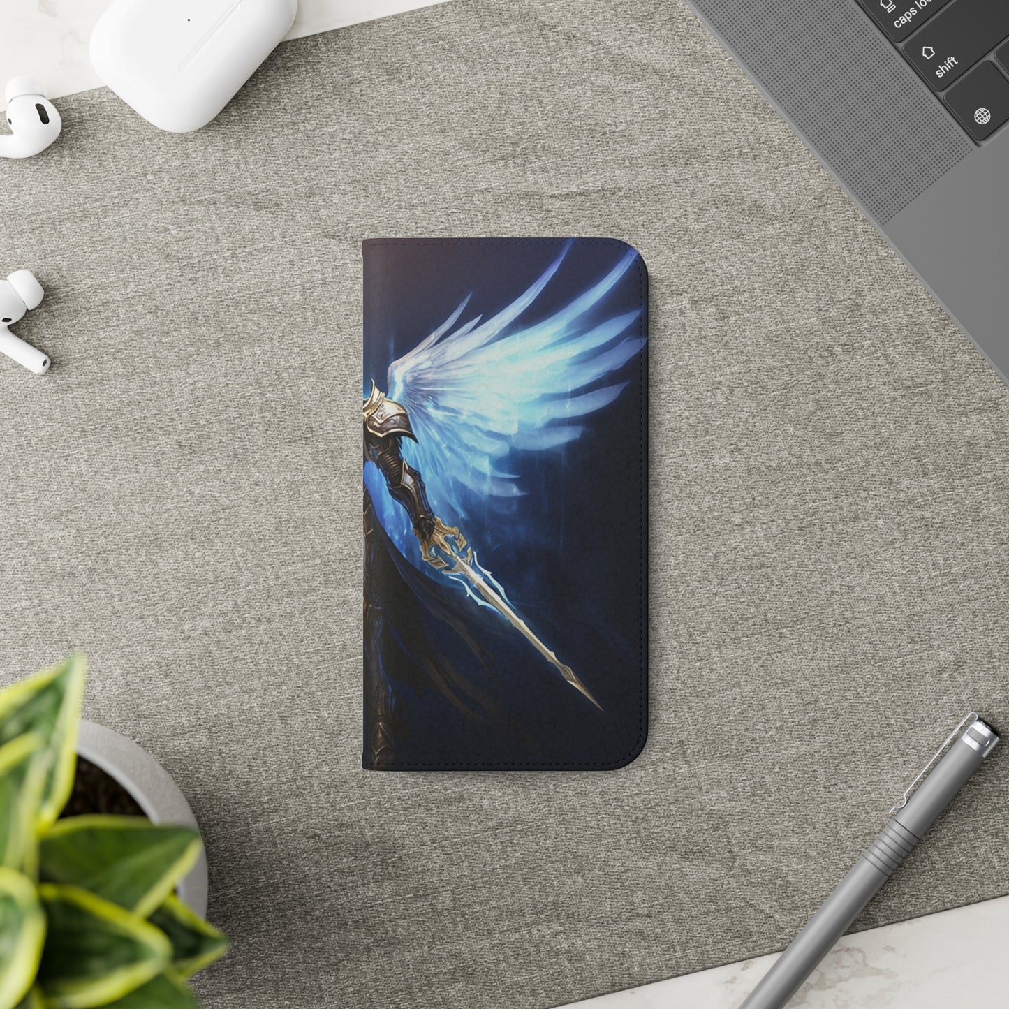 Archangel Flip Phone Case: Ethereal Wings & Sword Design