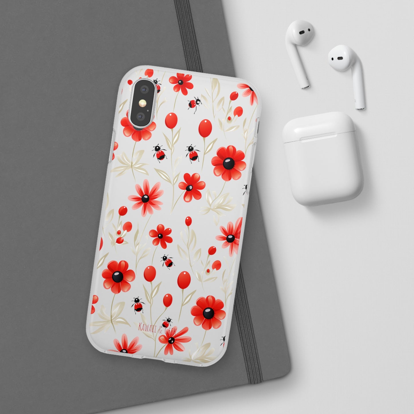 Red Flowers & Cute Bugs: Transparent Flexi Phone Case