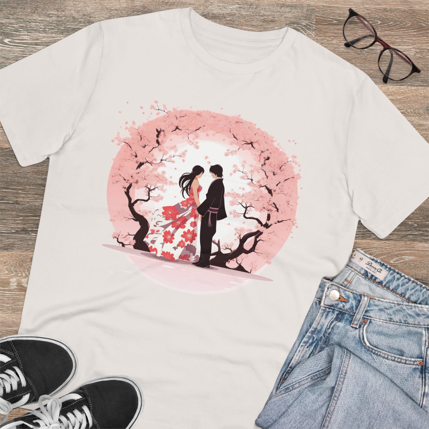 Cherry Blossom Romance T-shirt - Japanese Couple Design - Valentine's Day Special