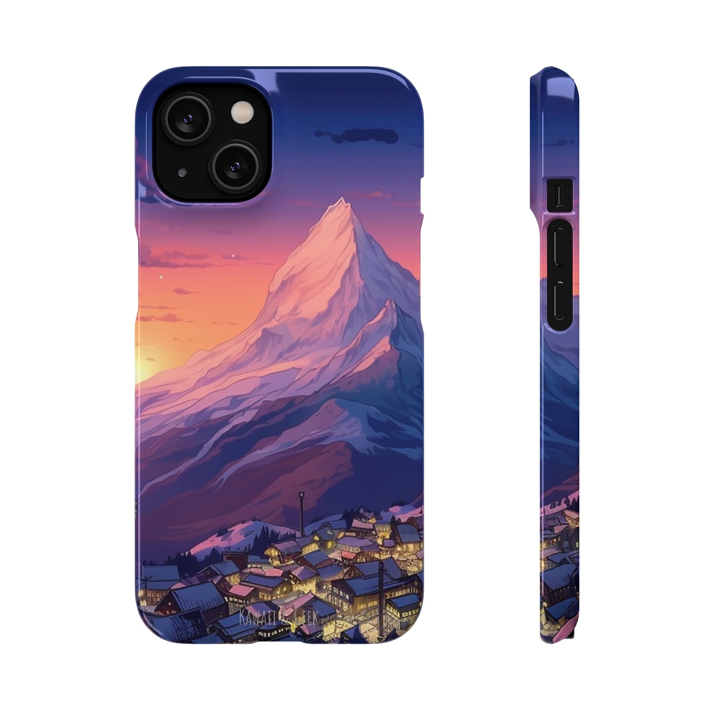 Snowy Mountain Landscape Sunset Phone Case - Discover Serenity with a Charming Mountain Village