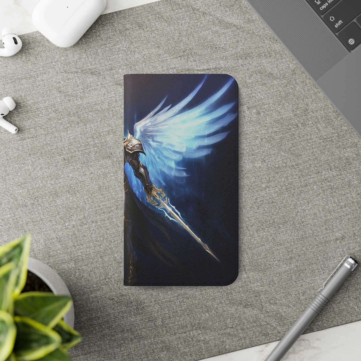 Archangel Flip Phone Case: Ethereal Wings & Sword Design