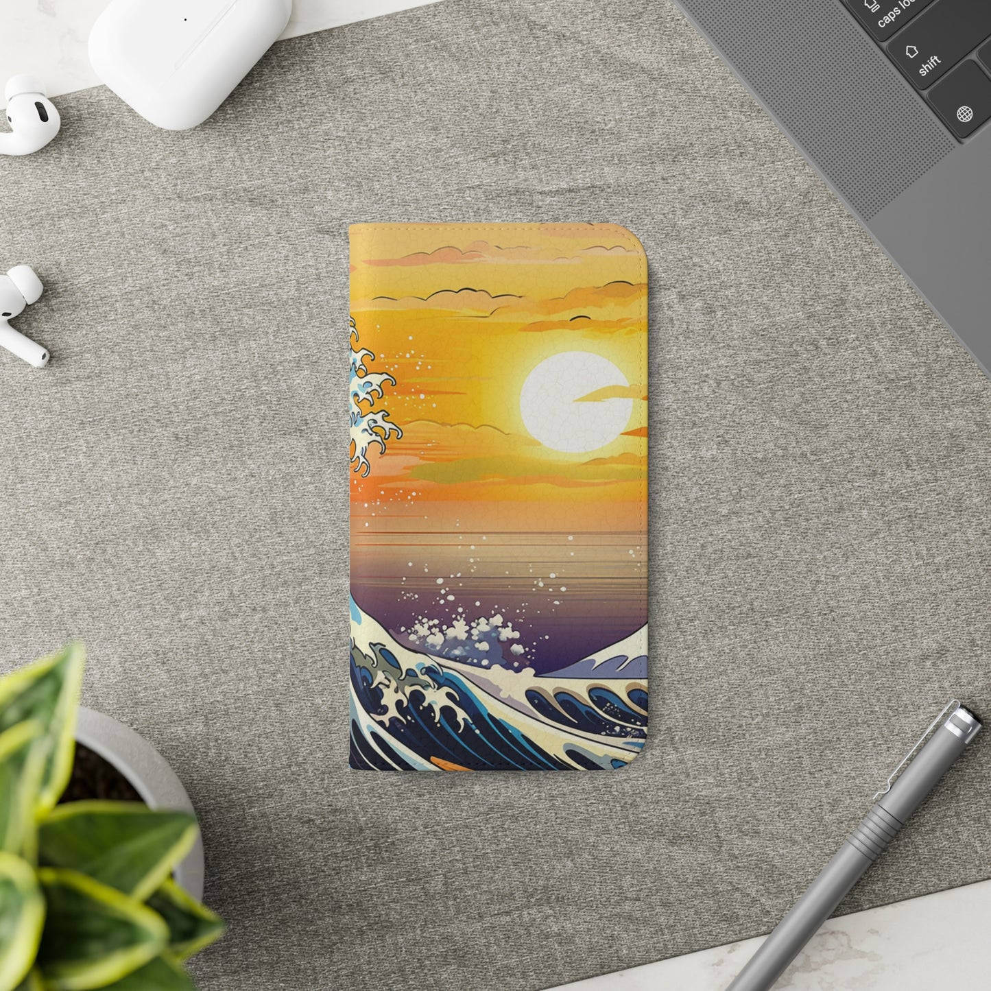 Sunset Big Wave Flip Phone Case - Embrace the Majestic Hokusai Style in Your Hands