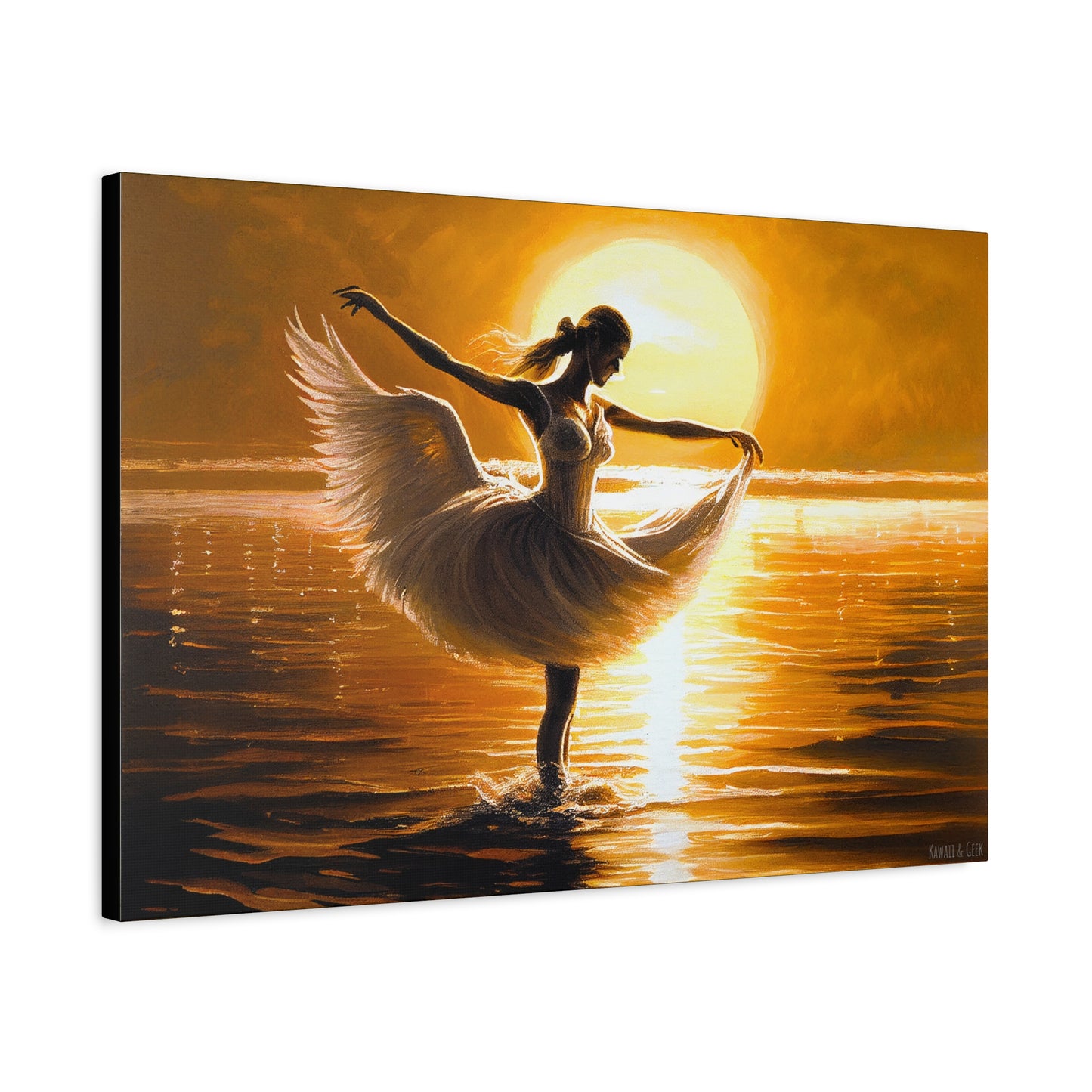 Graceful Dancer Canva - Captivating Swan Feather Dress, Elegant Water Dance at Sunset