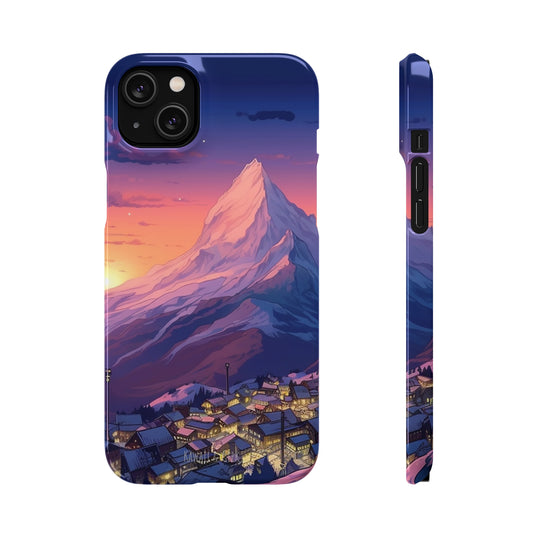 Snowy Mountain Landscape Sunset Phone Case - Discover Serenity with a Charming Mountain Village