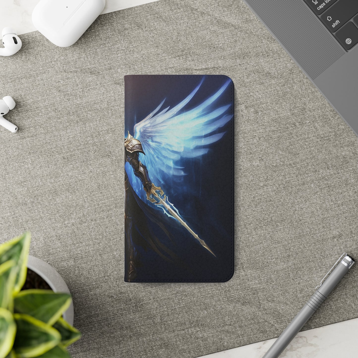 Archangel Flip Phone Case: Ethereal Wings & Sword Design