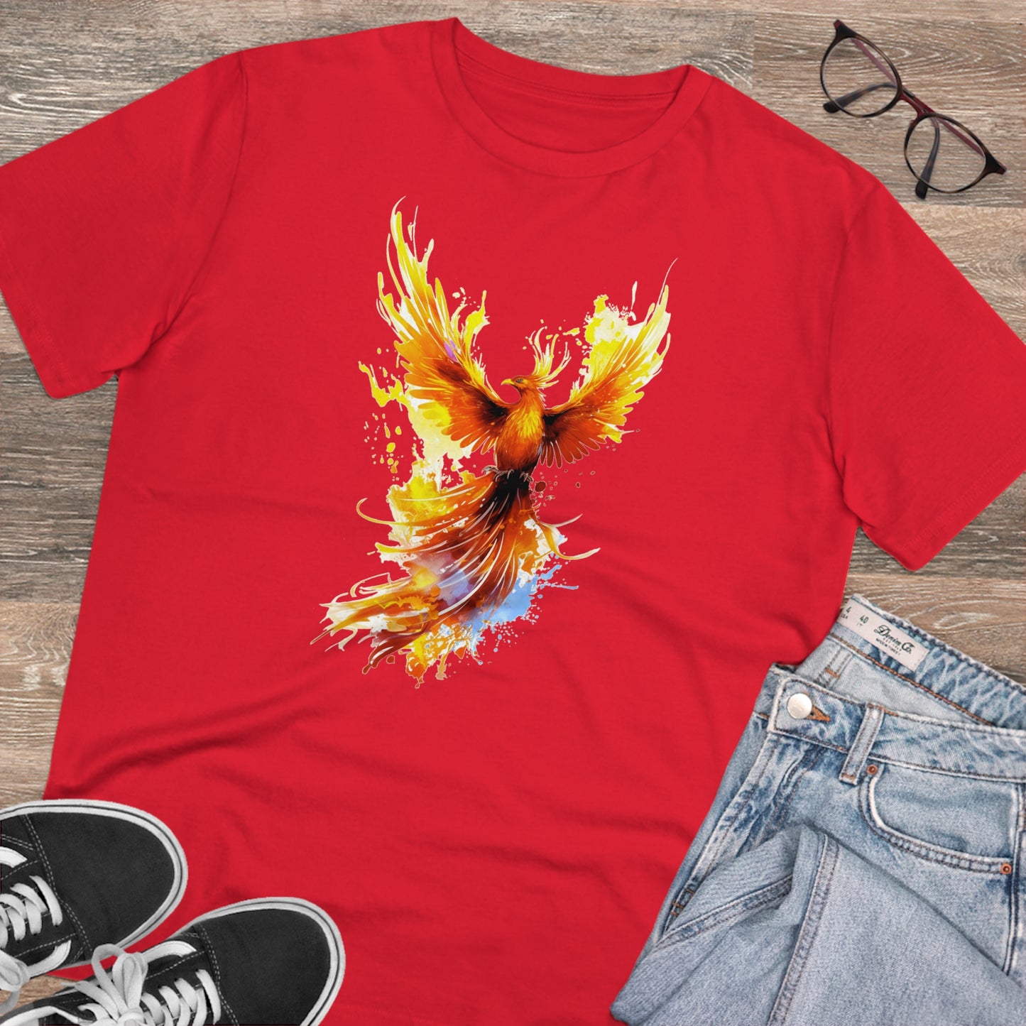 Burning Phoenix Watercolor T-Shirt - Unisex and Eco-Friendly Fashion with a Fiery Twist